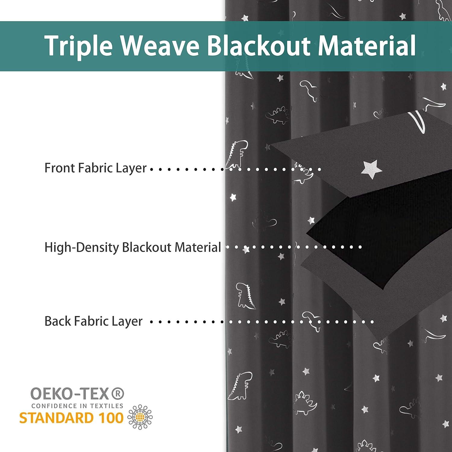 LORDTEX Dinosaur and Star Foil Print Blackout Curtains for Kids Room - Thermal Insulated Curtains Noise Reducing Window Drapes for Boys and Girls Bedroom, 42 x 63 Inch, Grey, Set of 2 Panels