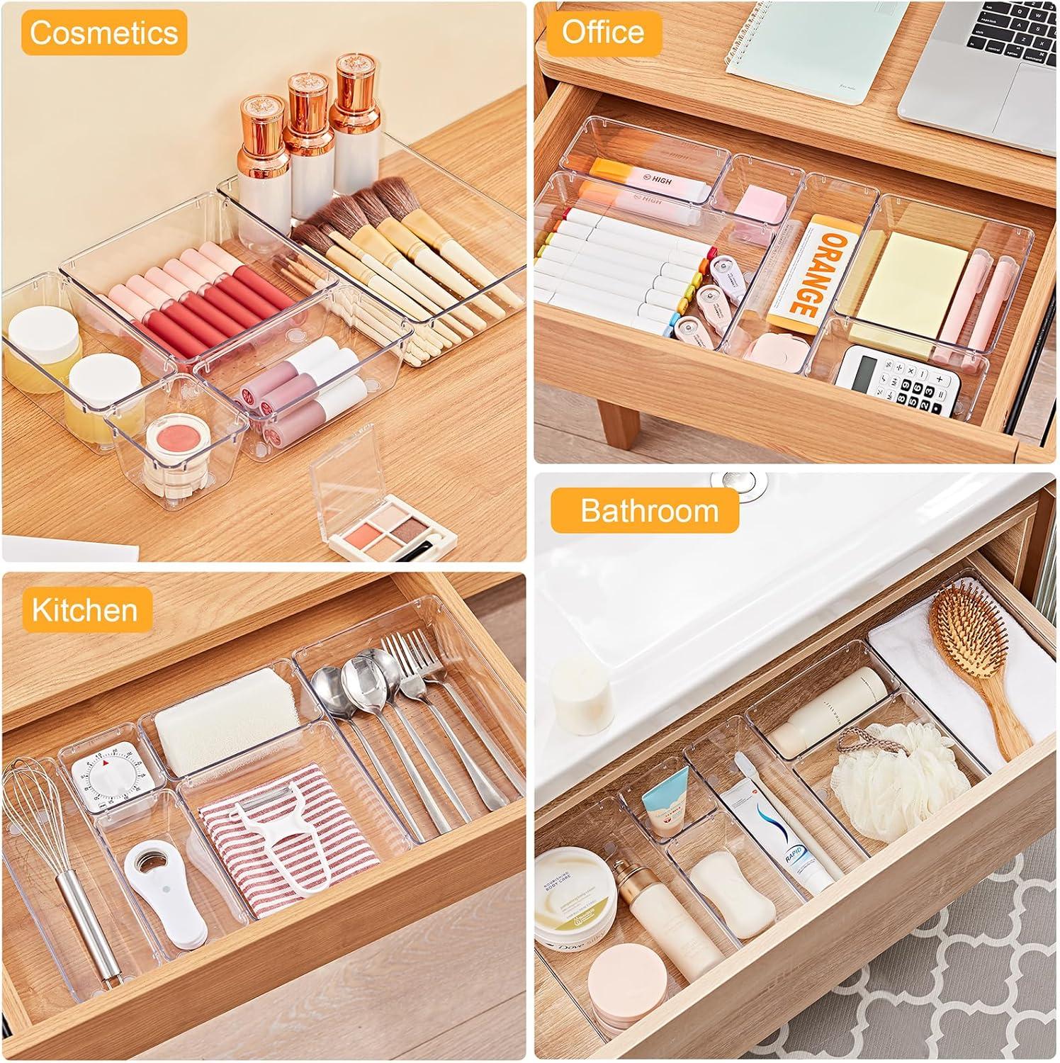 SMARTAKE 13-Piece Drawer Organizers with Non-Slip Silicone Pads, 5-Size Desk Drawer Organizer Trays Storage Tray for Makeup, Jewelries, Utensils in Bedroom Dresser, Office and Kitchen, Clear