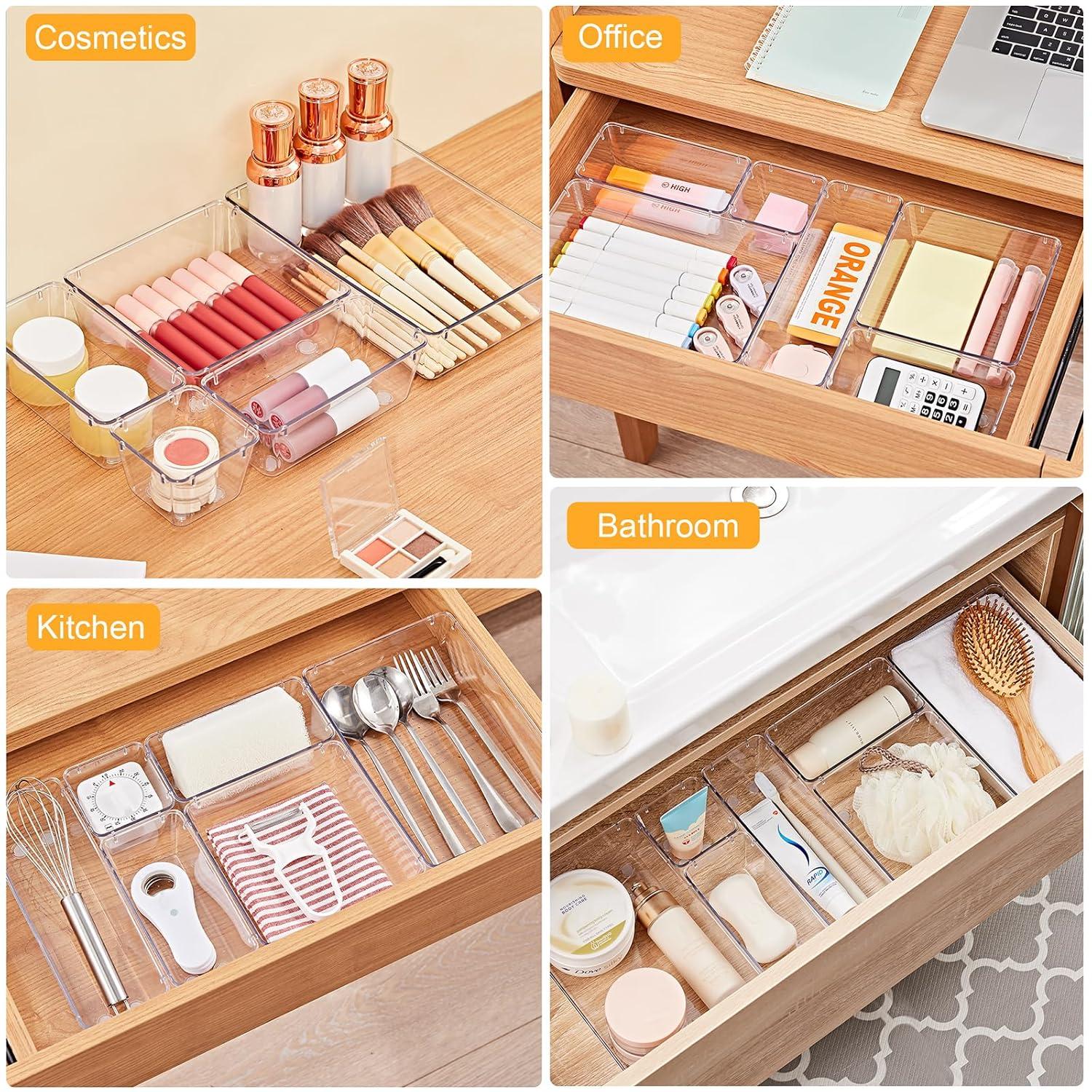 SMARTAKE 13-Piece Drawer Organizers with Non-Slip Silicone Pads, 5-Size Desk Drawer Organizer Trays Storage Tray for Makeup, Jewelries, Utensils in Bedroom Dresser, Office and Kitchen, Clear