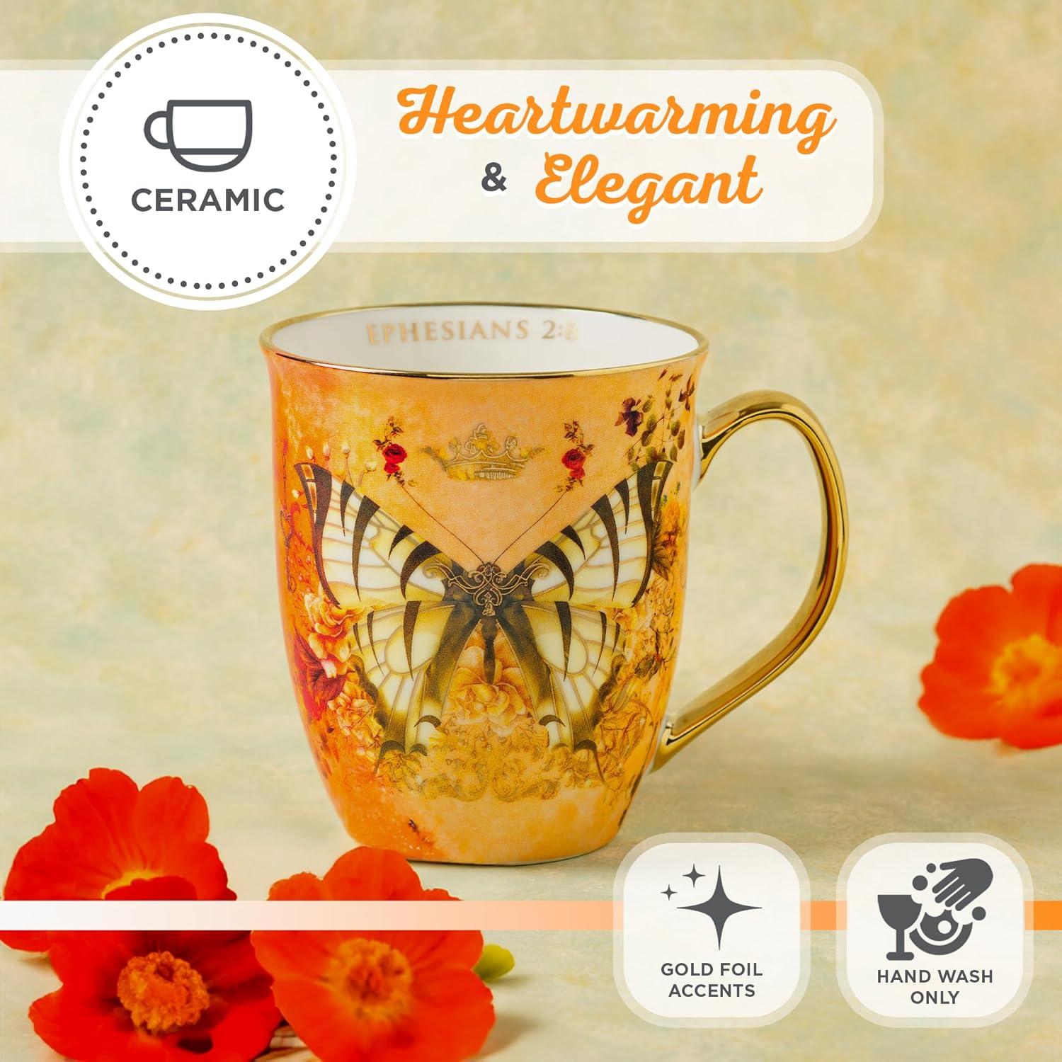 Christian Art Gifts Large Ceramic Butterfly Scripture Coffee & Tea Mug for Women: Grace - Inspirational Bible Verse Novelty Non-toxic Drinkware w/Gold Accents, Orange & White Multicolor Floral, 14 oz.