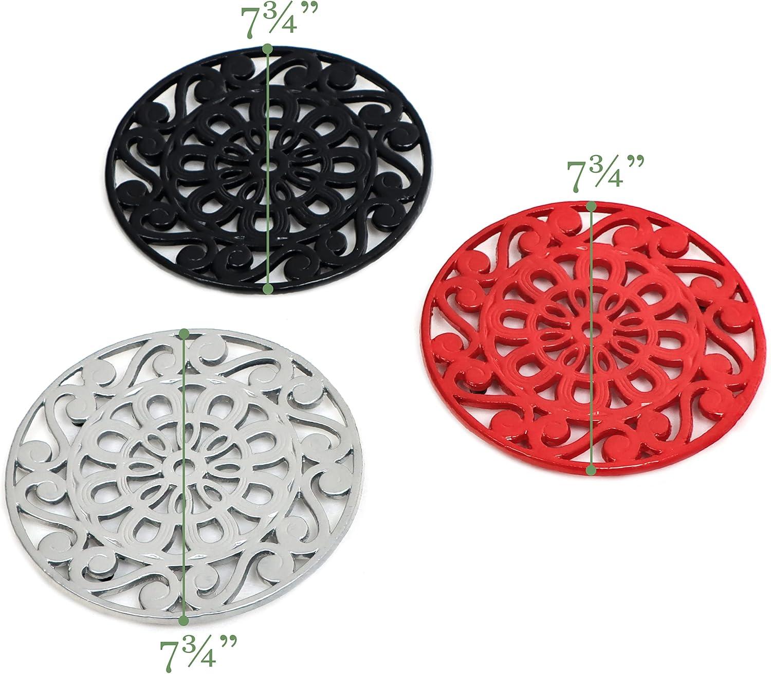 Set of 3 Decorative Black, Red, and Silver Cast Iron Trivets