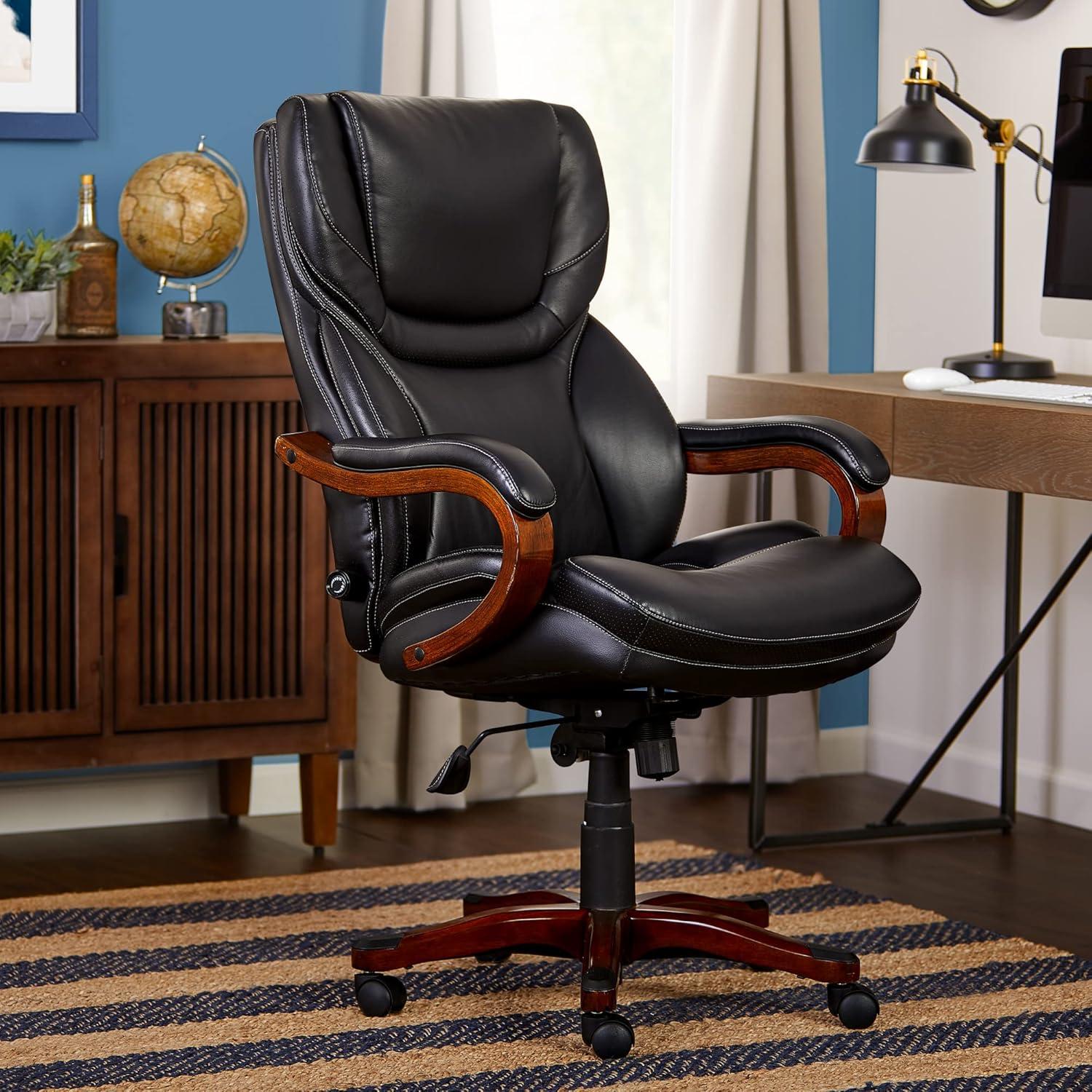 Ergonomic High-Back Swivel Executive Chair with Wood Accents, Black Leather