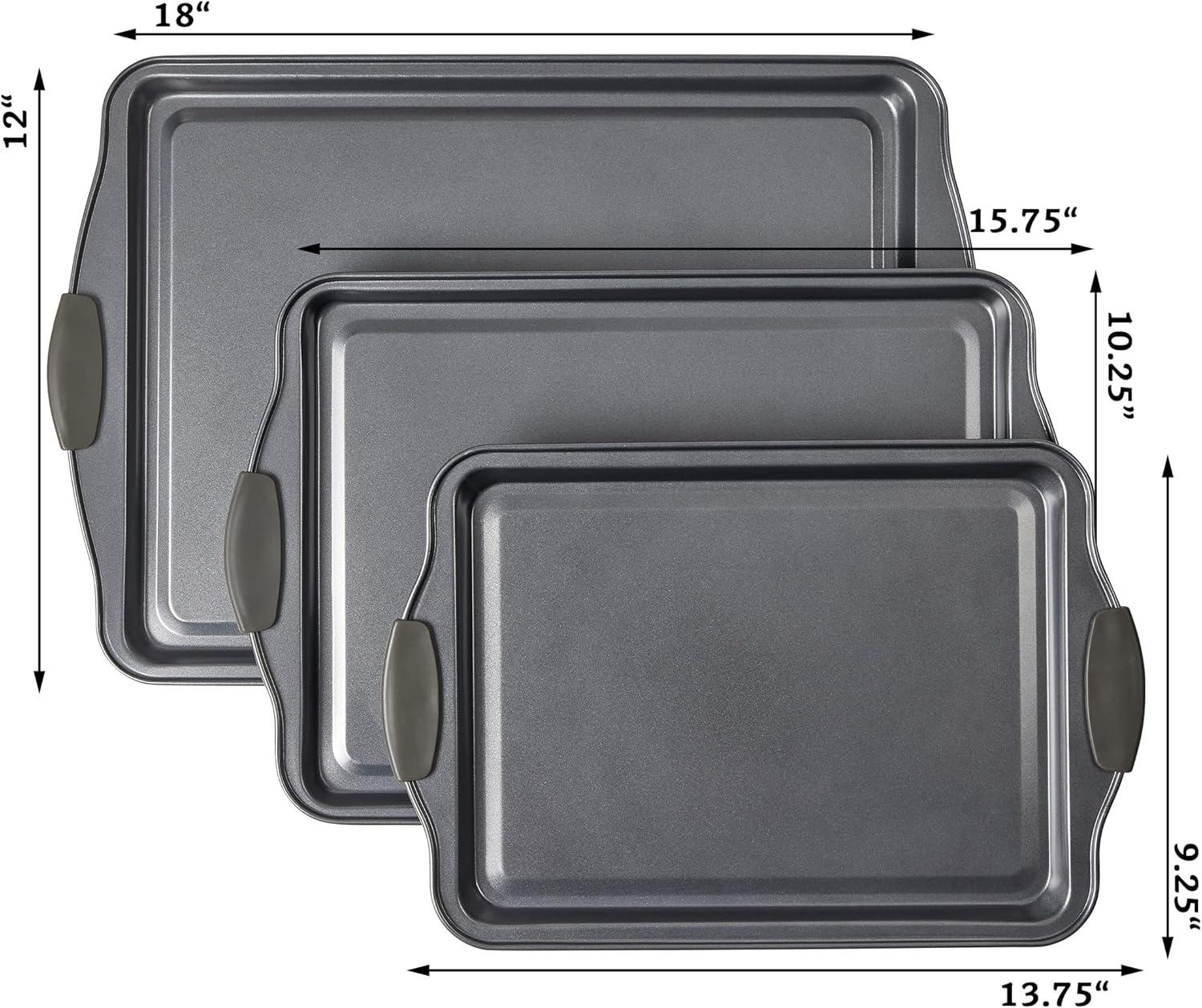 Gray Non-Stick Aluminum Cookie Sheet Set with Silicone Handles