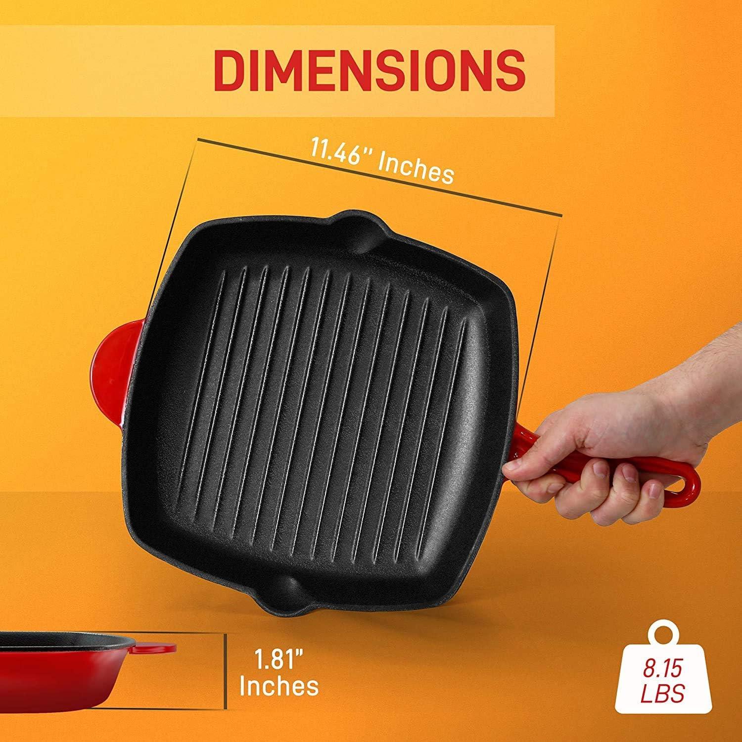 NutriChef 11 Inch Square Nonstick Cast Iron Skillet Griddle Grill Pan with Porcelain Enamel Coating, Side Pour Spouts, and Ridged Interior, Red