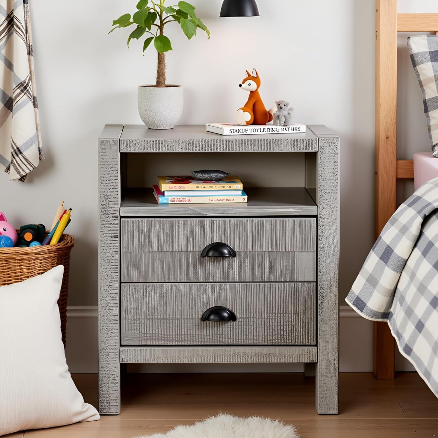 Windsor 2-Drawer Wood Nightstand for Kids Bedroom - Rustic Painted Finish, Metal Glides, Open Shelf Storage, Pine Wood Construction, 22 in. W x 17 in. D x 25 in. H, Distressed Look
