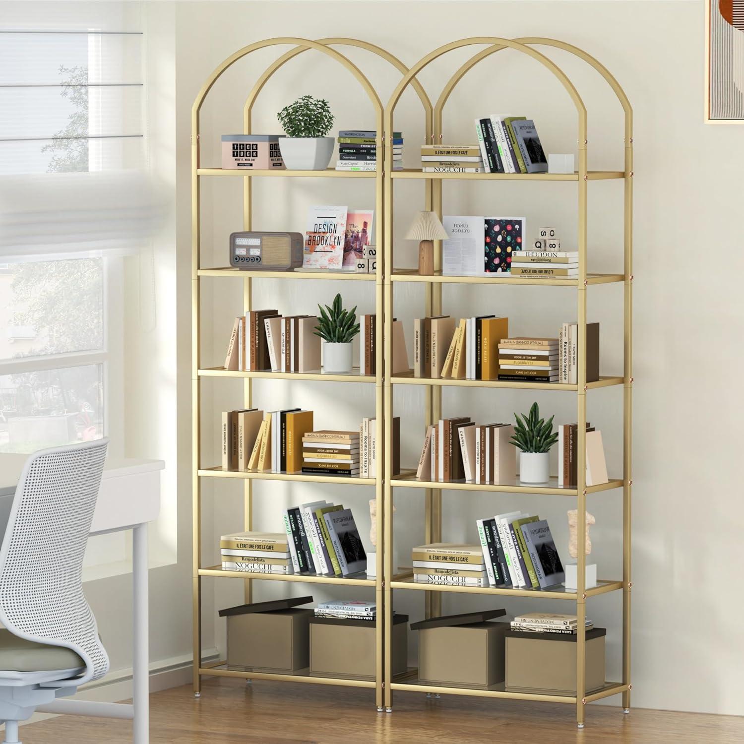 Mercer41 Bookcase Bookshelf, Tempered Glass Arched Bookshelf For More Storage, Slim Shelving Unit For Bedroom, Bathroom, Home Office, Steel Frame, 6 Tier Gold