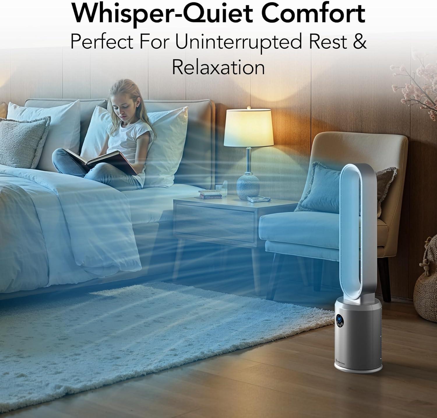Comfort Zone 40" Bladeless Tower Fan with Remote Control, 9H Timer, Wide Area Oscillation, Push Button Digital Display, 3 Speeds, Silver
