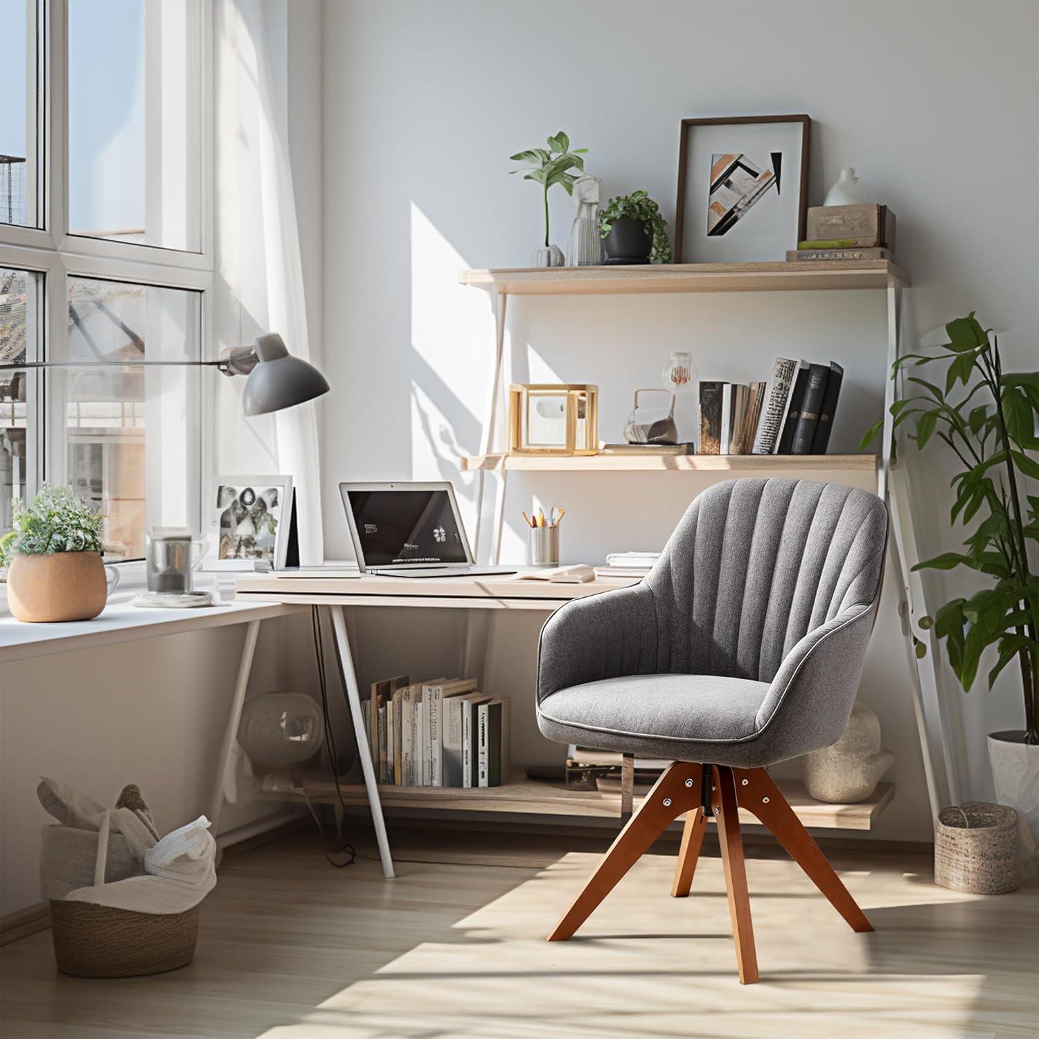 Gray Suede Swivel Task Chair with Dark Oak Wood Legs