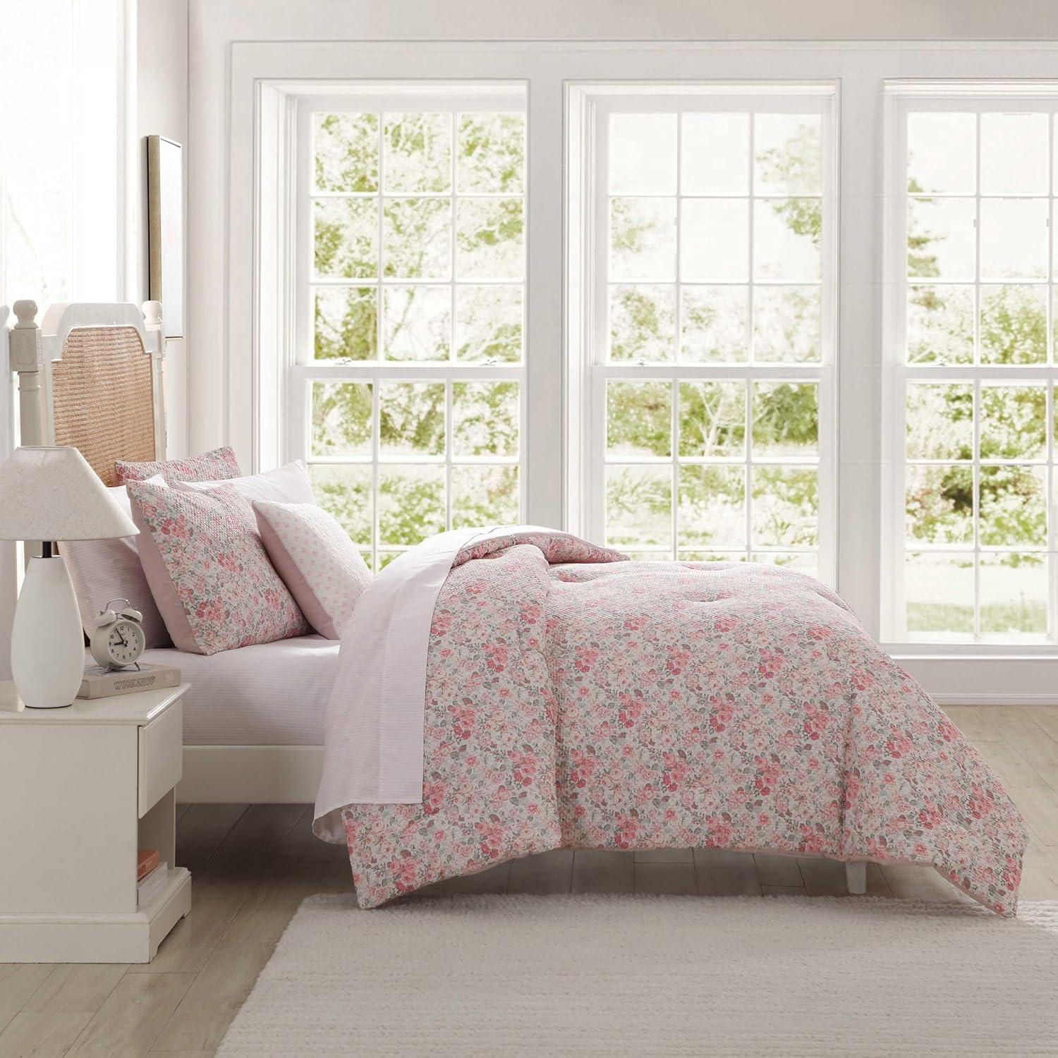 Laura Ashley Quartet Pink Reversible Easy Care Dorm Bonus Bed Set