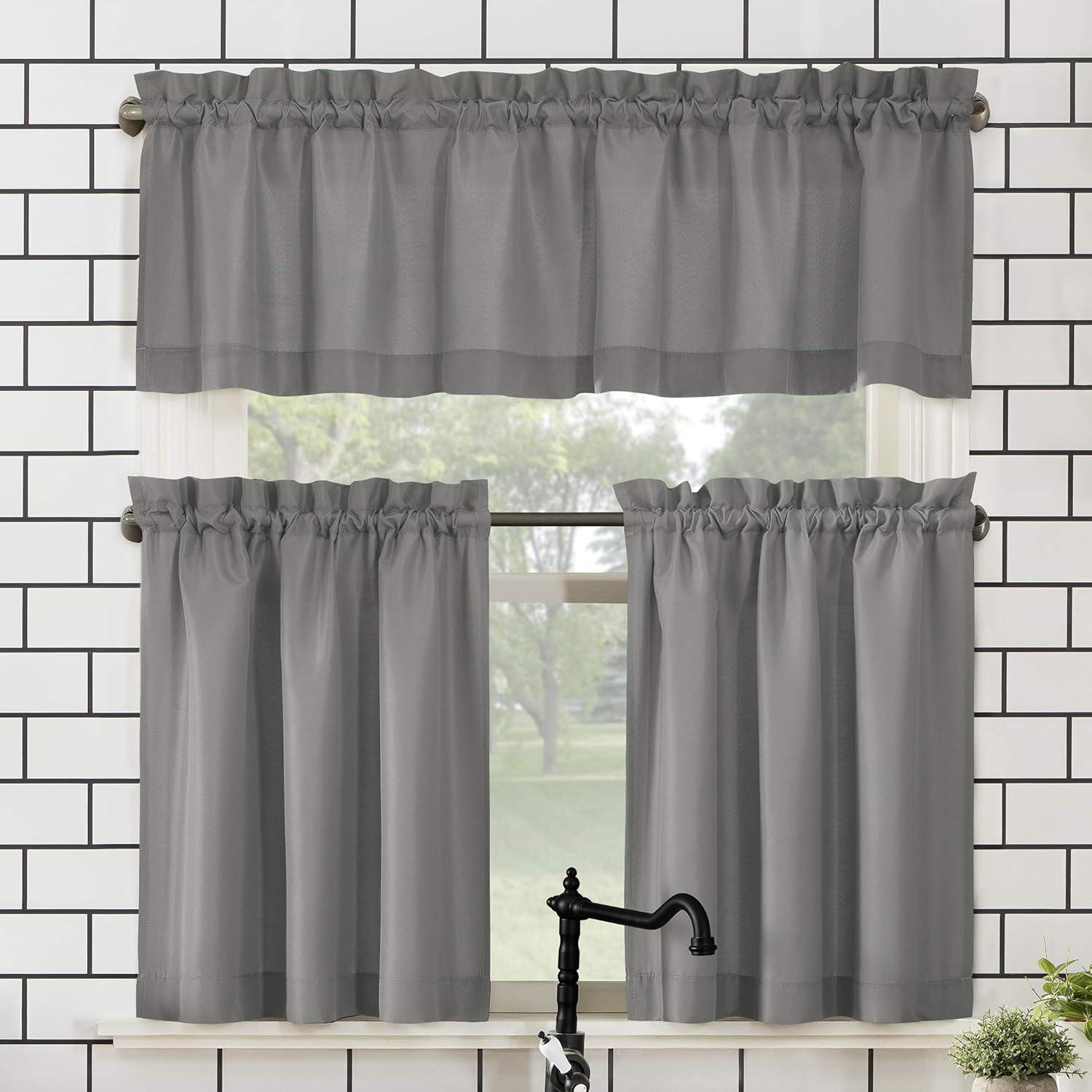 Gray Microfiber Semi-Sheer Rod Pocket Kitchen Curtain Set