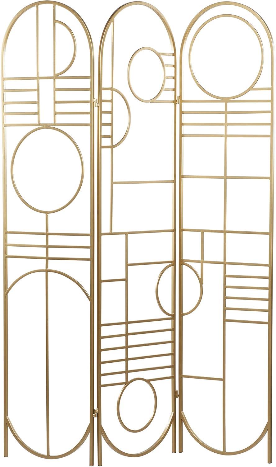 DecMode Modern 3 Panel Metal Room Divider Screen with Geometric Pattern and Gold Finish, 50"W x 69"H