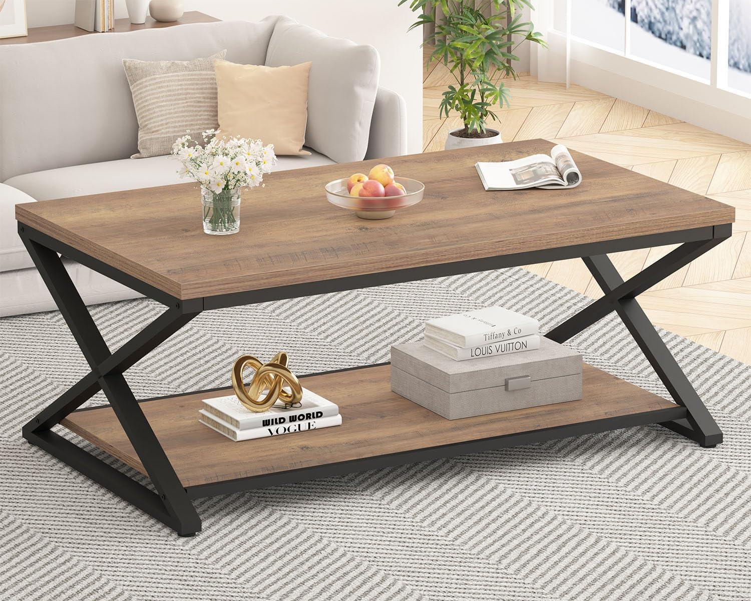 Rustic Oak and Black Metal 47" Coffee Table with Storage Shelf