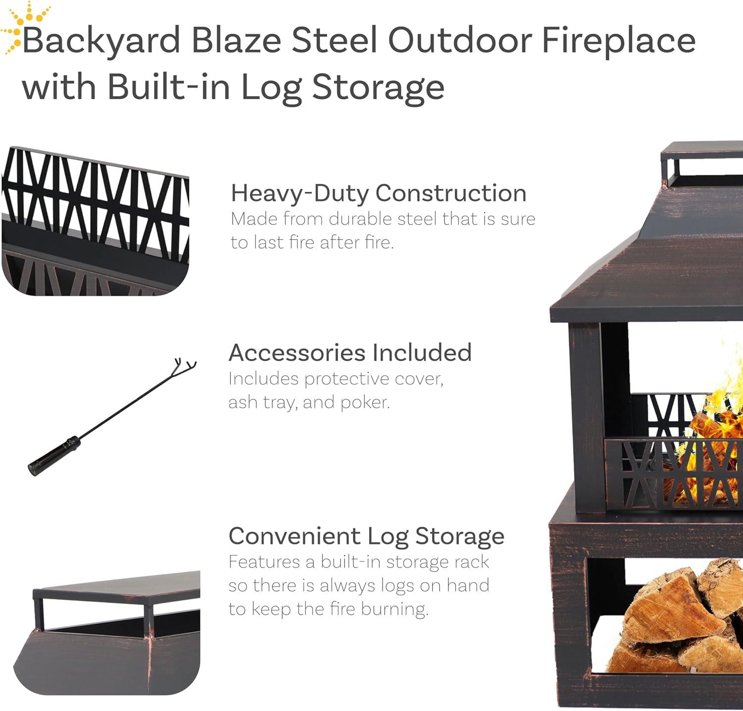 Lark Manor™ Courter 29" Rectangle Bronze Finish Steel Outdoor Fireplace with Log Storage