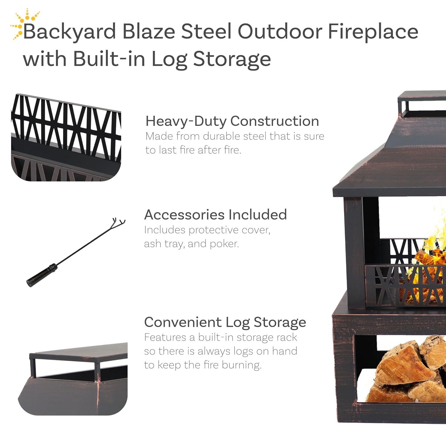 Lark Manor™ Courter 29" Rectangle Bronze Finish Steel Outdoor Fireplace with Log Storage