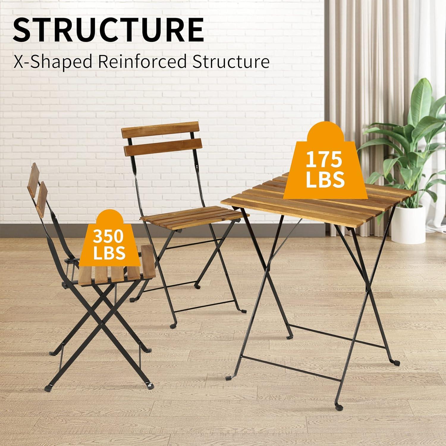 BestMassage 3 Piece Bistro Set Folding Chairs Table with Weather-Resistant Wood, Natural