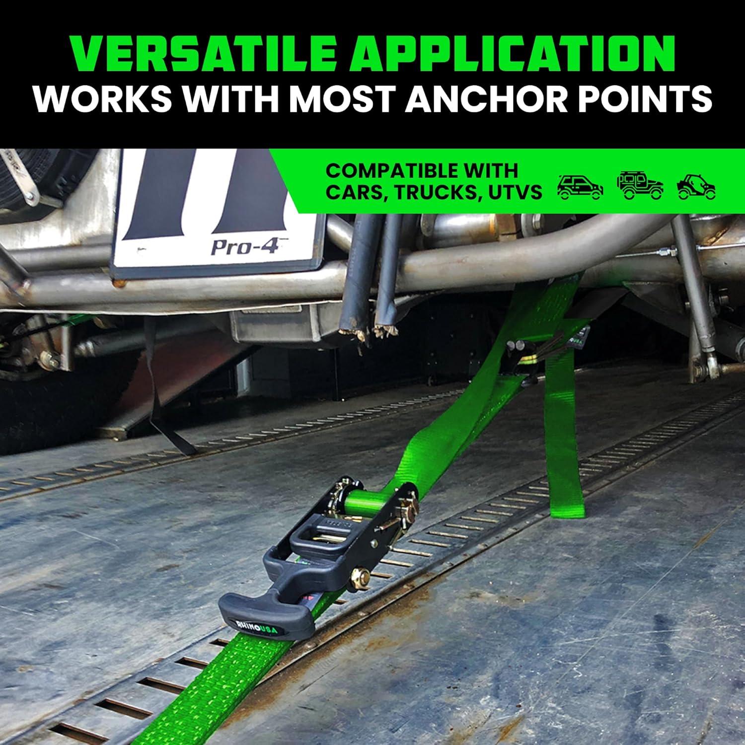 Rhino USA Car Tie Down Straps for Trailers w/ J Hooks - 2" x 8' (10,000lb Break Strength) 4pc Green