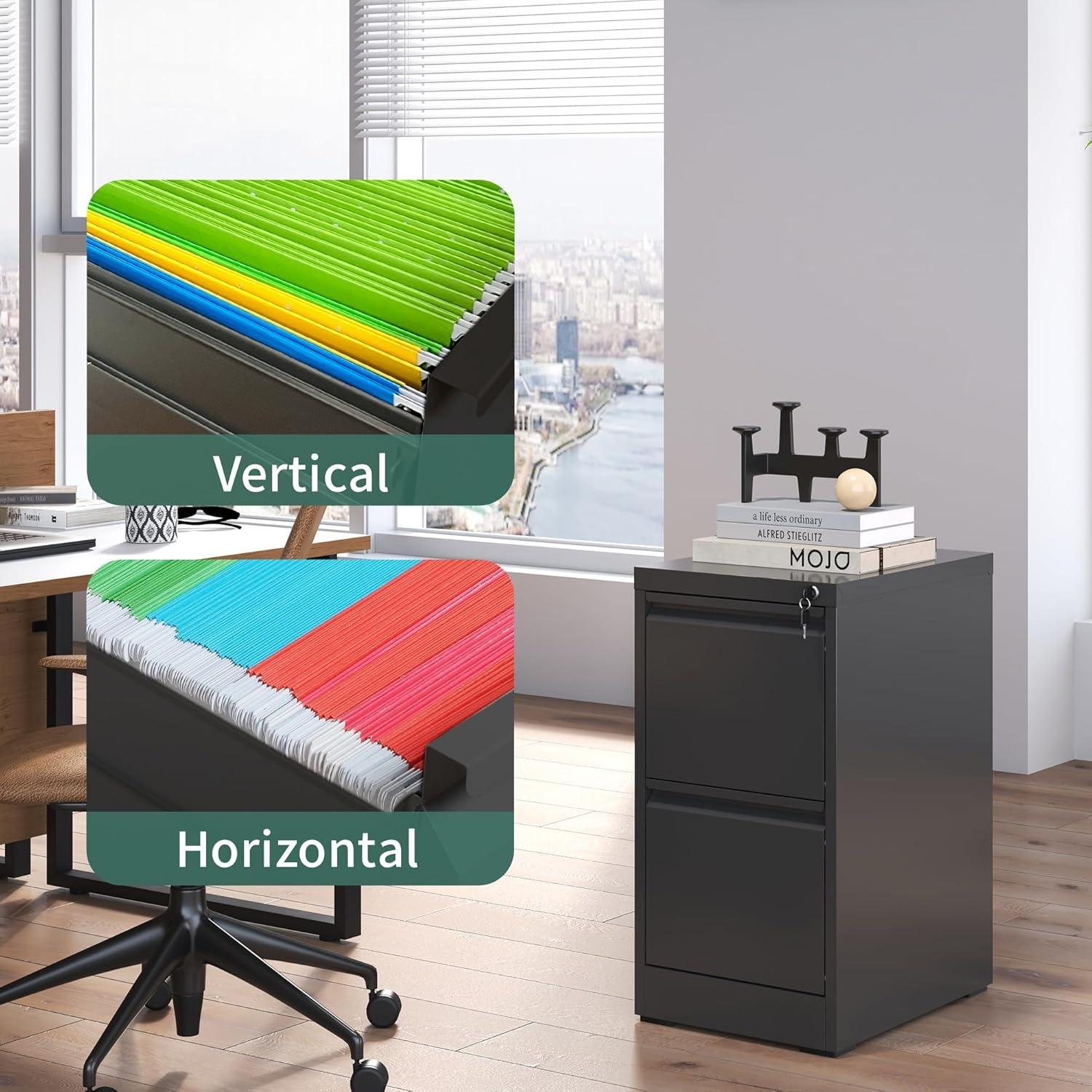 3 Drawer File Cabinet with Lock Metal Vertical File Cabinet Office Home Narrow File Cabinet for A4 Legal/Letter Size,Assembly Required (Black, 3 Drawers-Vertical)