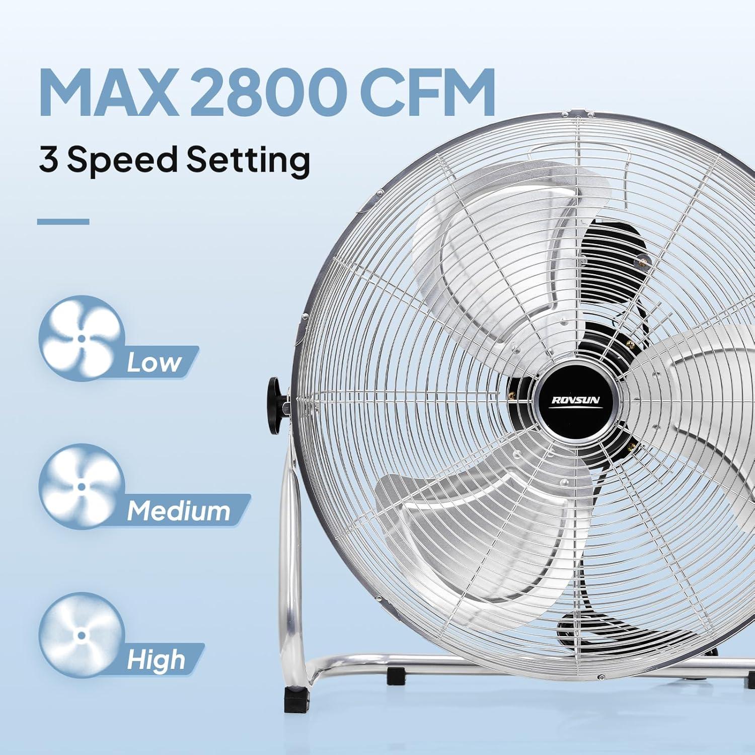ROVSUN 20'' Floor Fans, High Velocity Heavy Duty Metal Industrial Floor Fan for Commercial & Residential, High Power Fan w/ 90°-180° Adjustable Tilt, Metal Fan for Garage, Gym, Home, Bedroom, Black