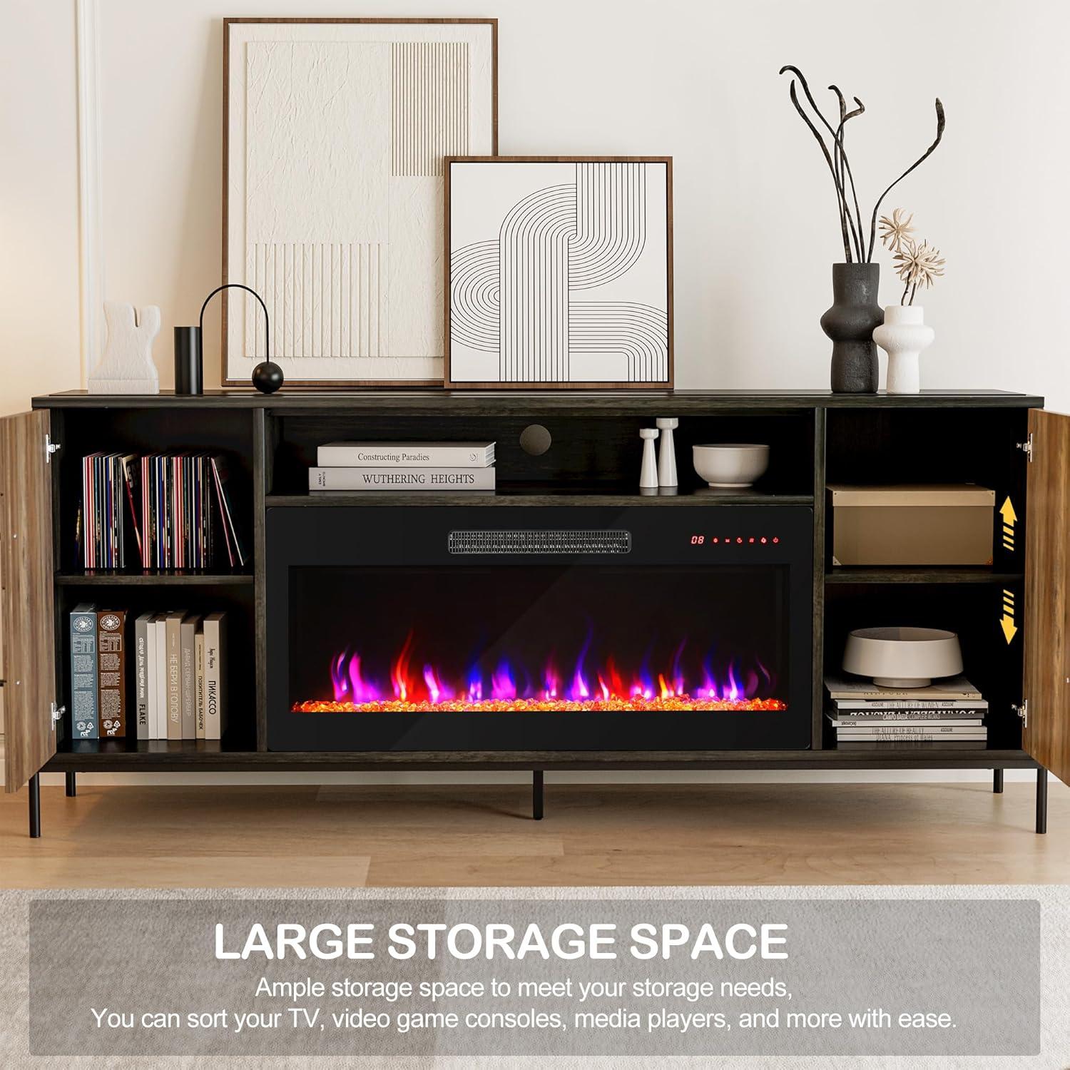 SHAORONG 68" TV Stand with 36" Electric Fireplace Heater, Entertainment Center with Storage Cabinet, Console Table for TVs up to 75" for Living Room, Bedroom - Harper (Black Ebony)