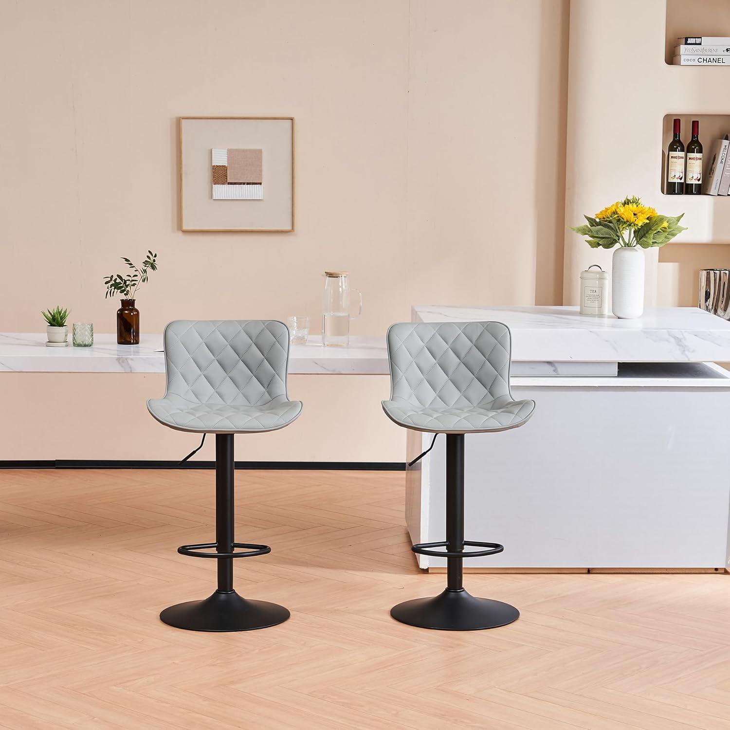 Gray Faux Leather Adjustable Swivel Bar Stools with Back, Set of 2