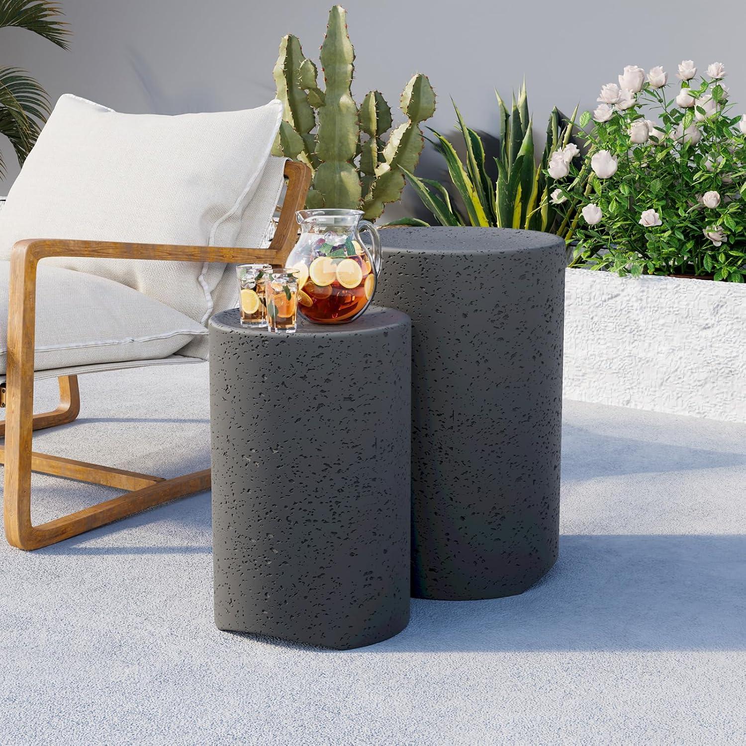 Dark Grey Spotted Concrete Round Outdoor Side Tables, Set of 2