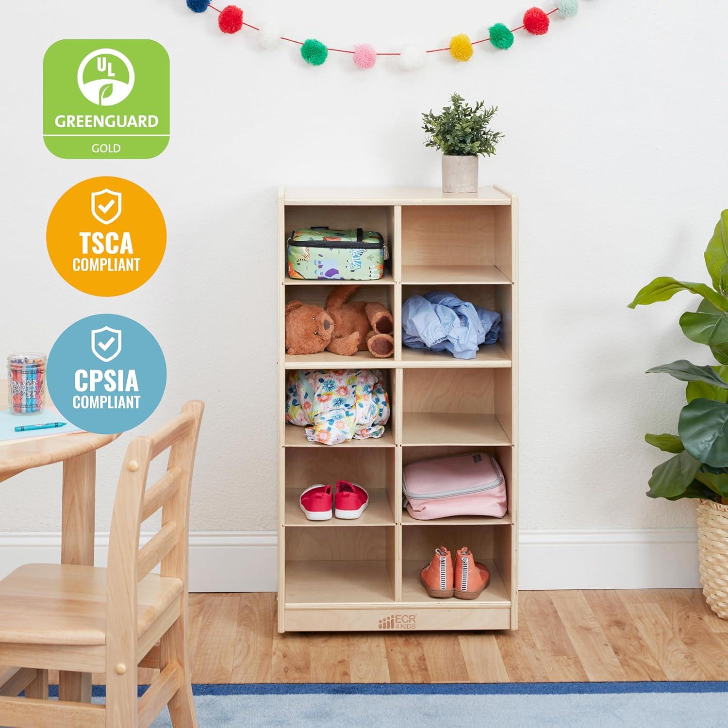 Natural Birch 10-Cubby Mobile Tray Storage Cabinet for Kids