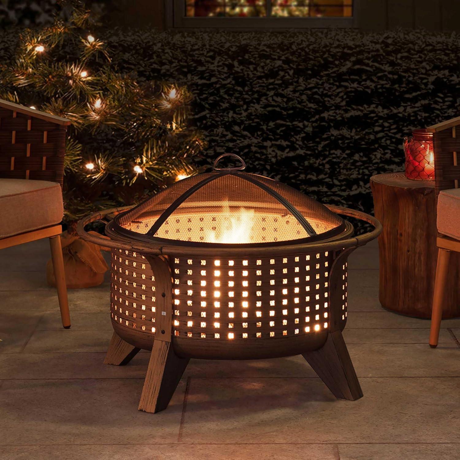 SUNJOY Fire Pit 30 Inch Outdoor Wood-Burning Fire Pit, Patio Woven Round Steel Firepit Large Fire Pits for Outside with Spark Screen and Poker