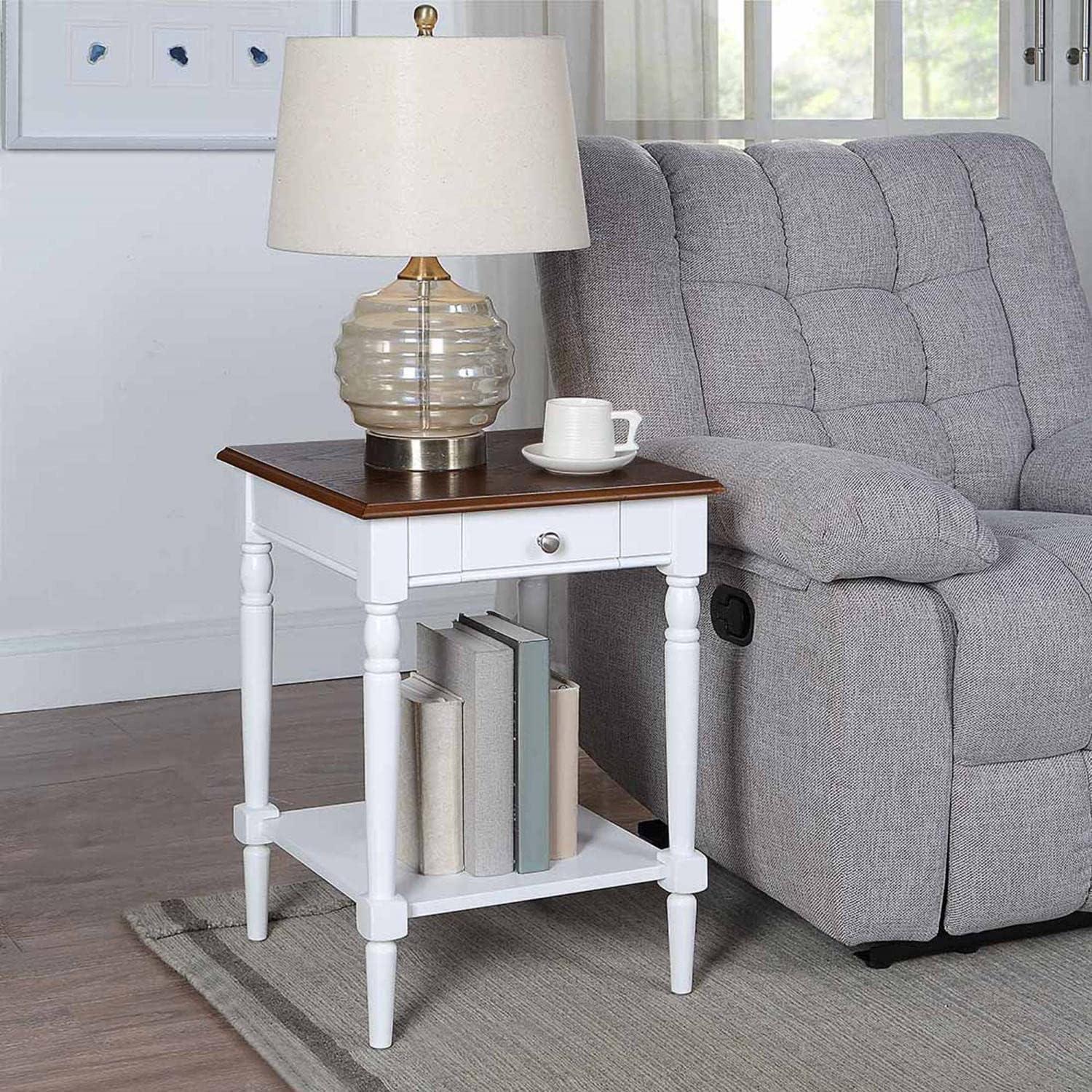 French Country Dark Walnut and White Wood End Table with Storage