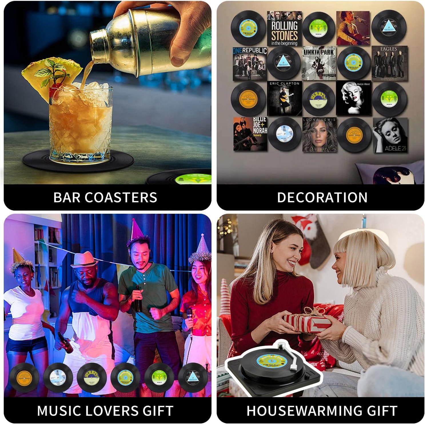 Funny Retro Record Coasters for Drinks with Vinyl Player Holder for Music Lovers,Set of 6 Conversation Piece Sayings Drink Coaster,Housewarming Hostess Wedding Registry Gift Ideas
