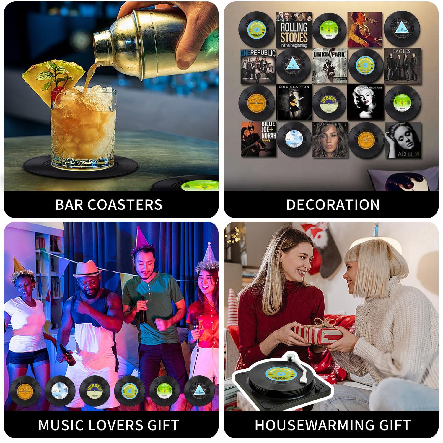 Funny Retro Record Coasters for Drinks with Vinyl Player Holder for Music Lovers,Set of 6 Conversation Piece Sayings Drink Coaster,Housewarming Hostess Wedding Registry Gift Ideas