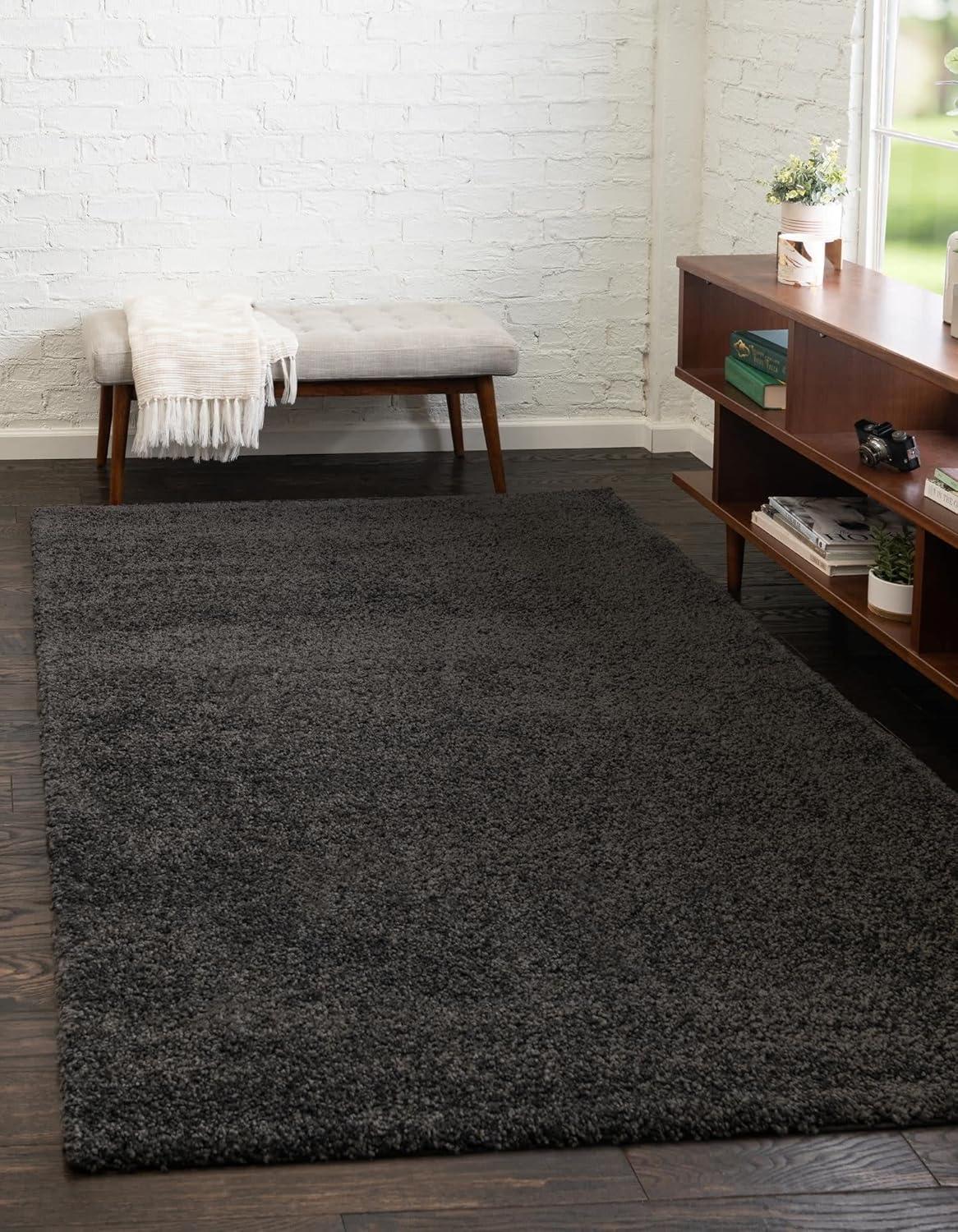 Rectangular Charcoal Solid Shag Synthetic Indoor Rug