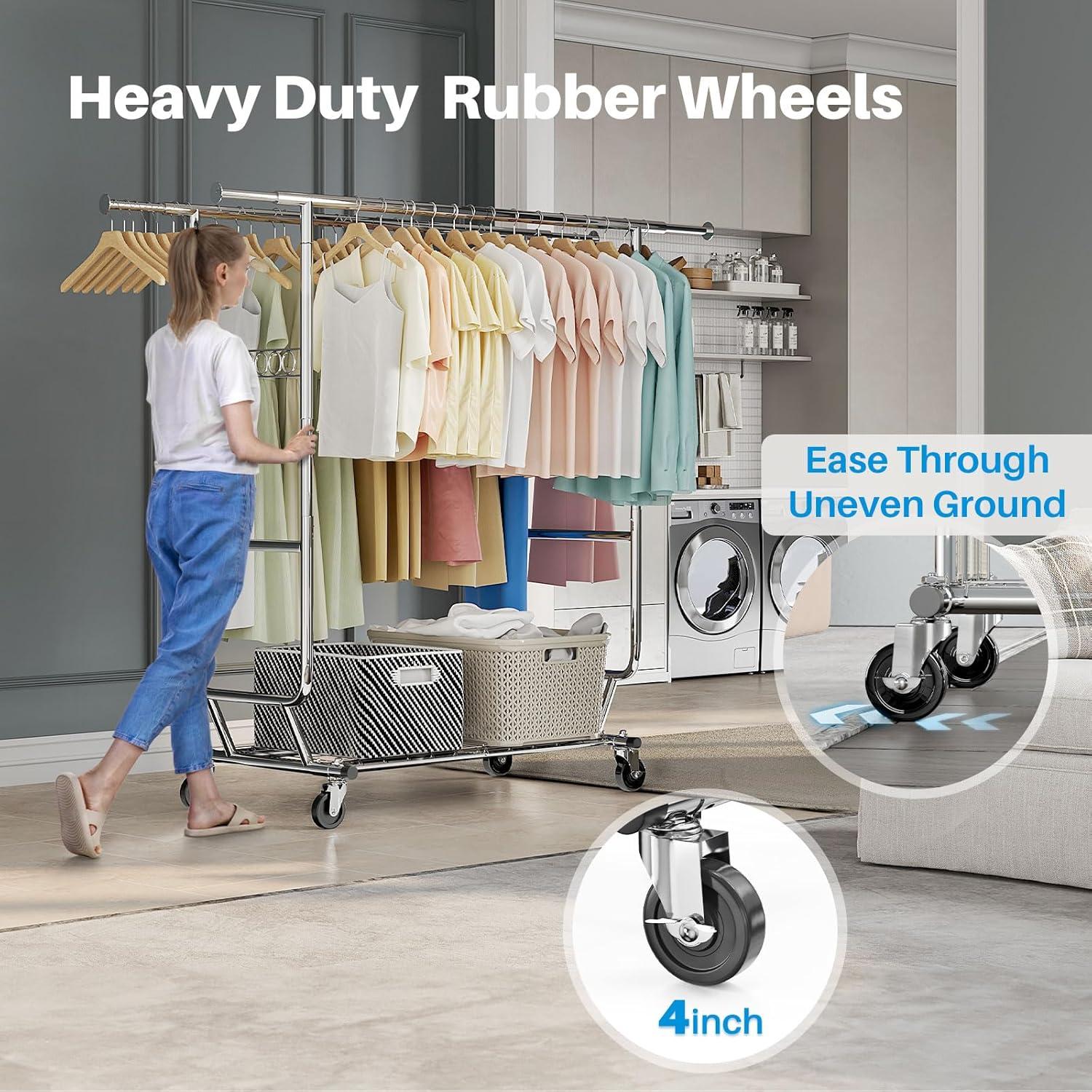 HOKEEPER Double Clothing Garment Rack with Shelves Capacity 600 lbs Clothing Racks on Wheels Rolling Clothes Rack for Hanging Clothes Heavy Duty Portable Collapsible Commercial Garment Rack Chrome