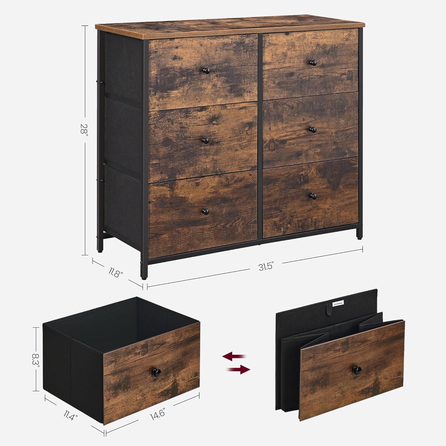 Rustic Brown and Black 6-Drawer Fabric Dresser with Metal Frame