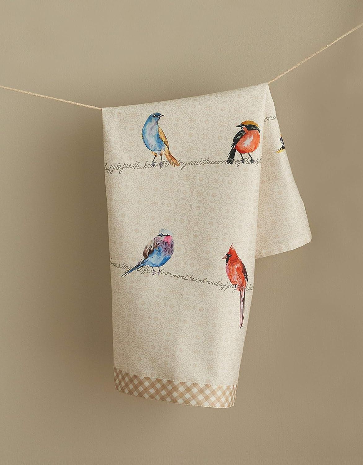 Birdies on Wire Beige Cotton Kitchen Towels Set