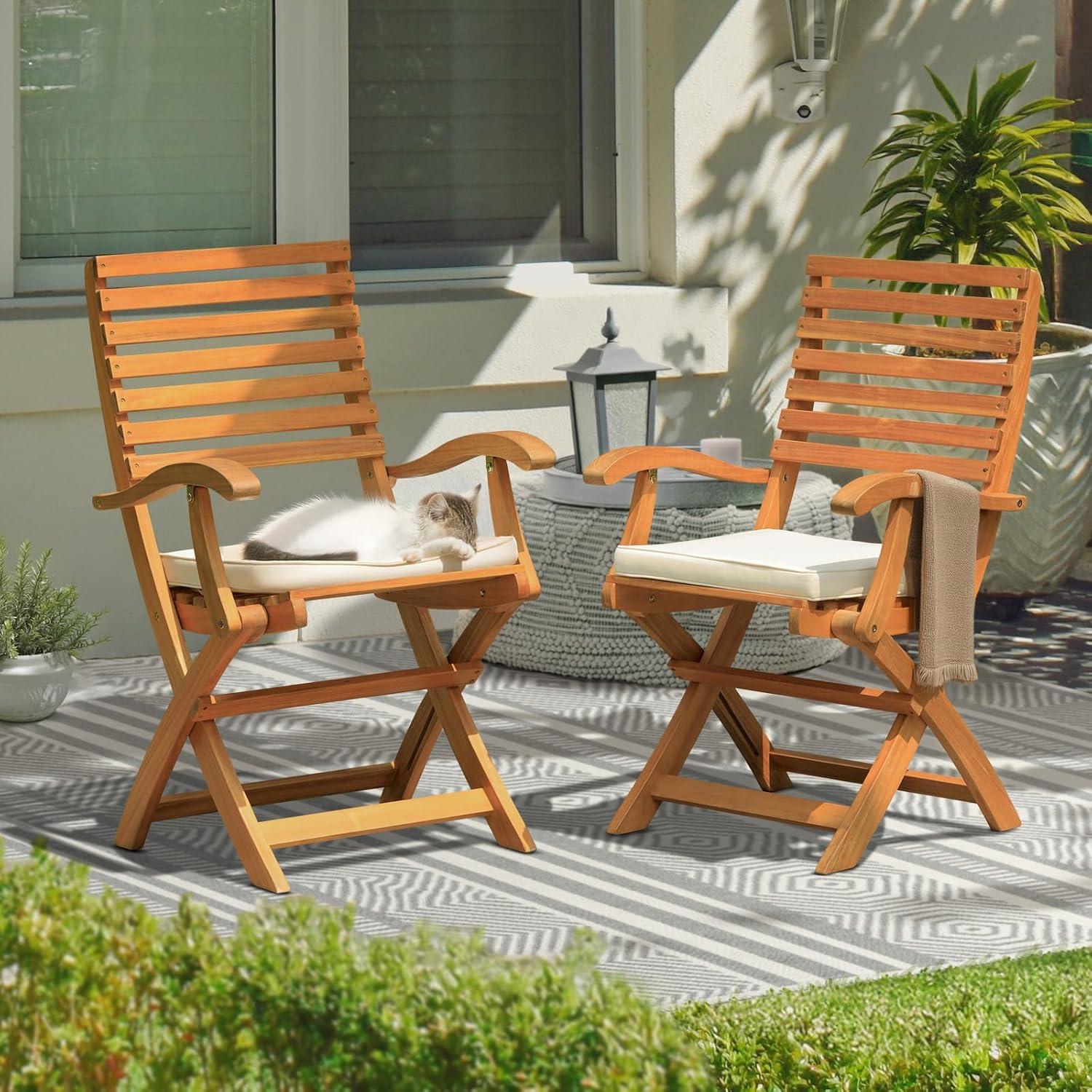 Idzo Percy Wood Folding Chairs Patio Set of 2 Premium Cushions - 400lbs Heavy Duty