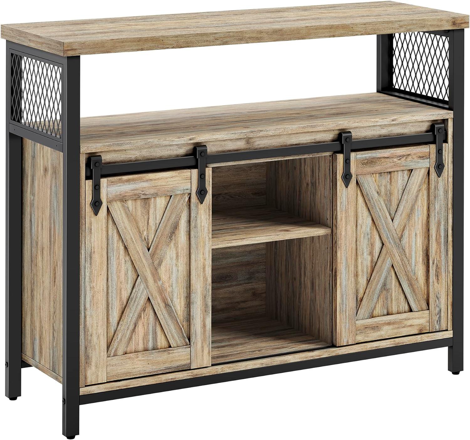 VASAGLE Buffet Cabinet, Storage Cabinet, Sideboard with 2 Sliding Barn Doors, Adjustable Shelves, 13 x 39.4 x 31.5 Inches, for Living Room, Turquoise Brown and Ink Black ULSC092B60