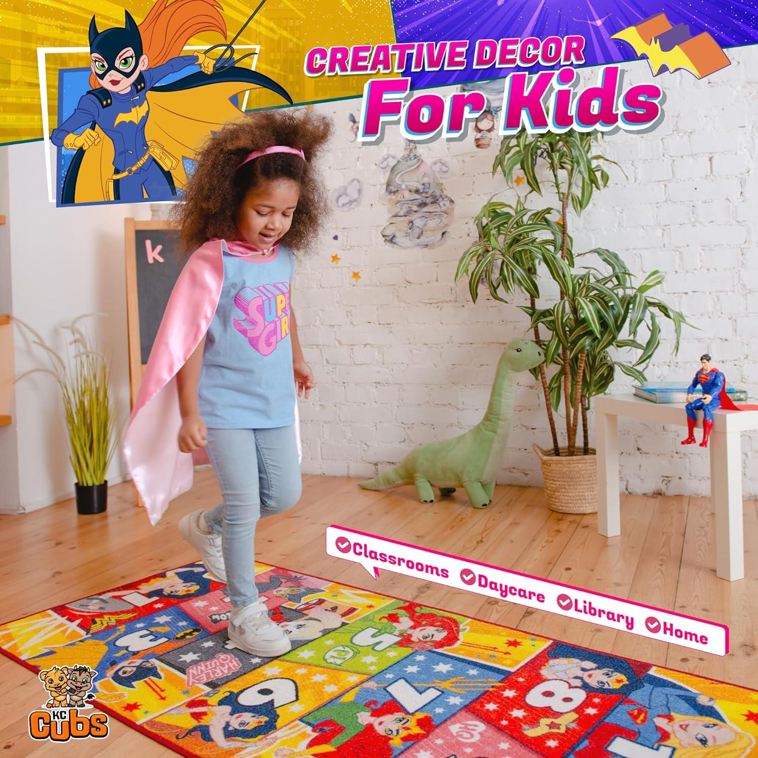 KC CUBS | Justice League Girls Kids Hopscotch Number Counting Educational Learning & Game Play Nursery Bedroom Classroom Rug Carpet, 2' 7" x 6' 0"