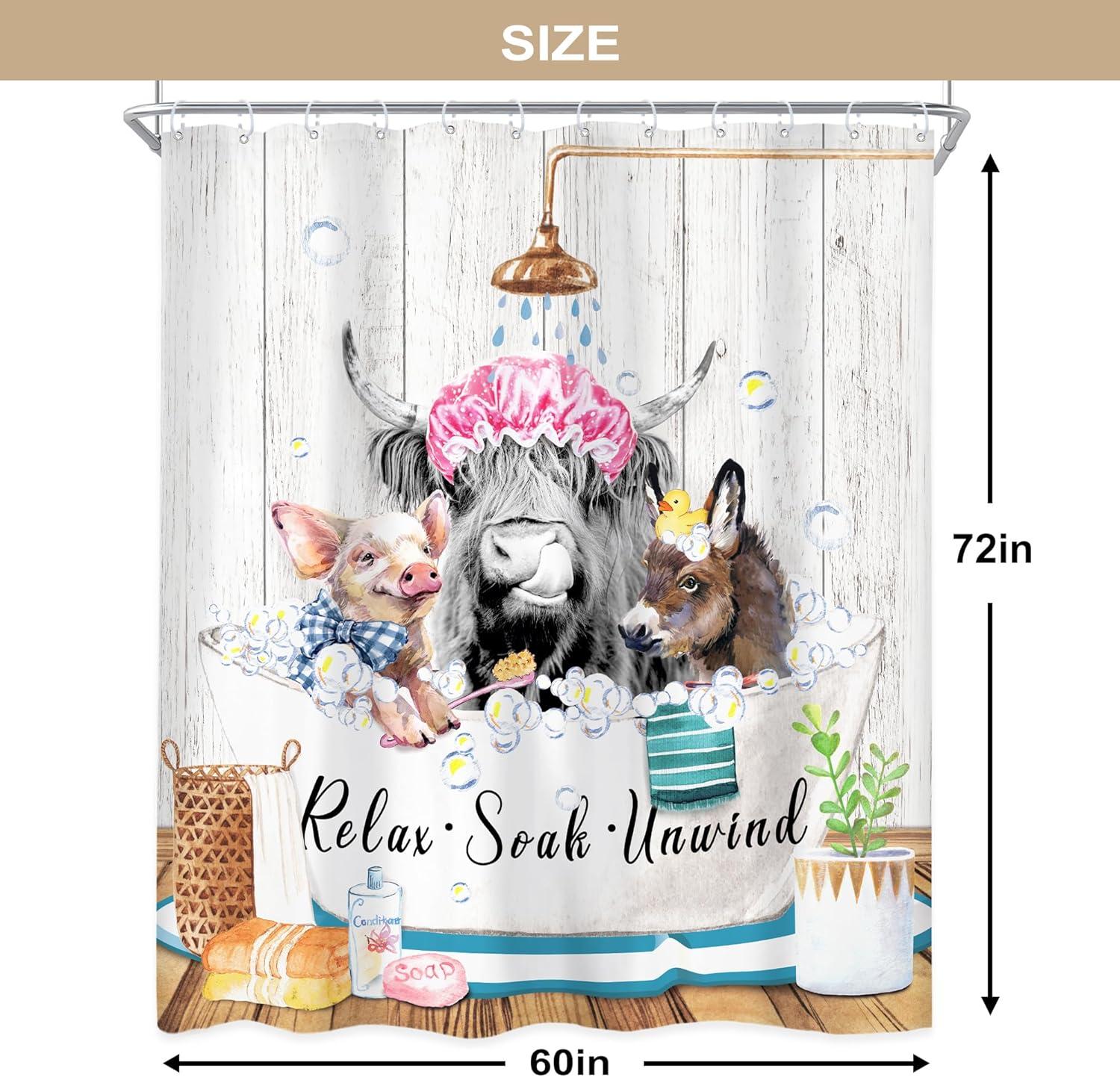 Funny Highland Cow Shower Curtain 60Wx72H Inch Bull Western Cattle Donkey Pig in Bathtub Rustic Shower Curtain Bathroom Set Farmhouse Animal Waterproof Bath Decoration Accessories Home Decor