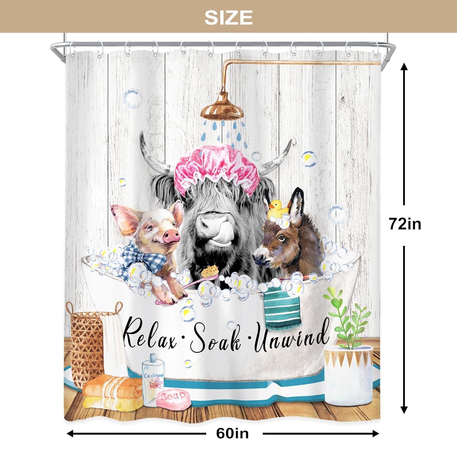 Funny Highland Cow Shower Curtain 60Wx72H Inch Bull Western Cattle Donkey Pig in Bathtub Rustic Shower Curtain Bathroom Set Farmhouse Animal Waterproof Bath Decoration Accessories Home Decor