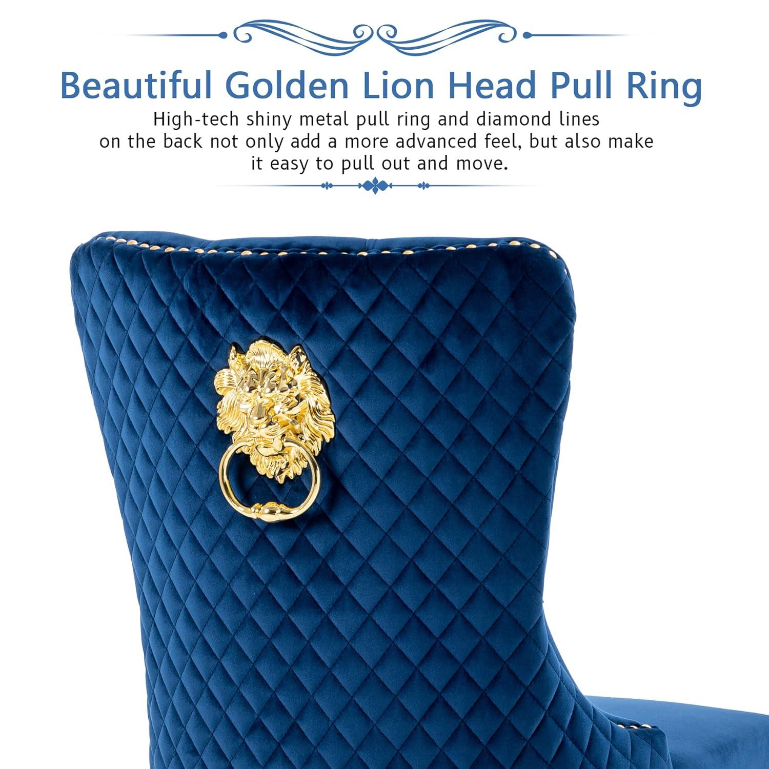 Velvet Upholstered Dining Chairs, Set of 2, Dining Room Tufted Chair, Modern Button Tufted Armless Chairs with Nailhead Trim and Back Ring Pull, Gold Legs, for Dining Room, Kitchen, Navy