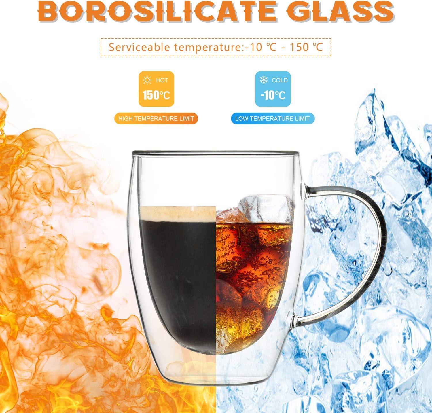 Clear Glass Double Wall Insulated 12oz Coffee Mugs, 6-Pack