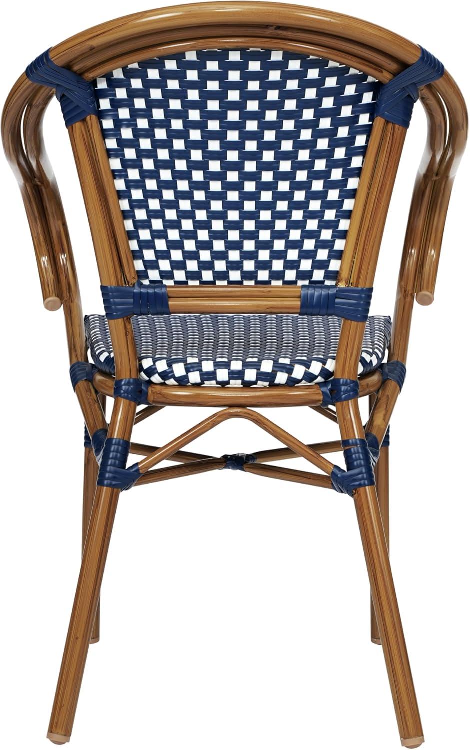 Flash Furniture 4 PK Bordeaux Indoor/Outdoor Commercial Bistro Stacking Chair w/ Arms, Navy & White PE Rattan & Bamboo Print Aluminum Frame in Natural
