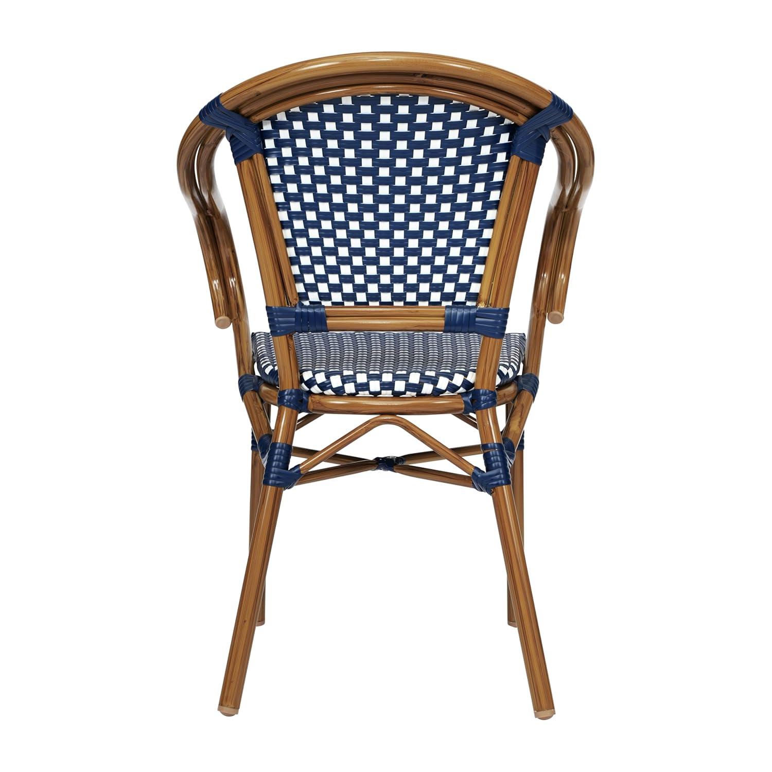Flash Furniture 4 PK Bordeaux Indoor/Outdoor Commercial Bistro Stacking Chair w/ Arms, Navy & White PE Rattan & Bamboo Print Aluminum Frame in Natural