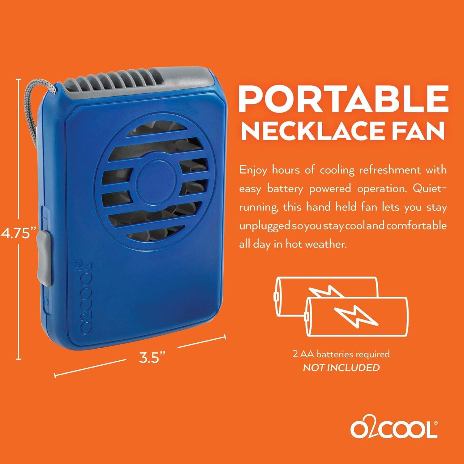 O2COOL Battery Powered Deluxe Necklace Fan for Personal Cooling with Adjustable Lanyard (Blue)