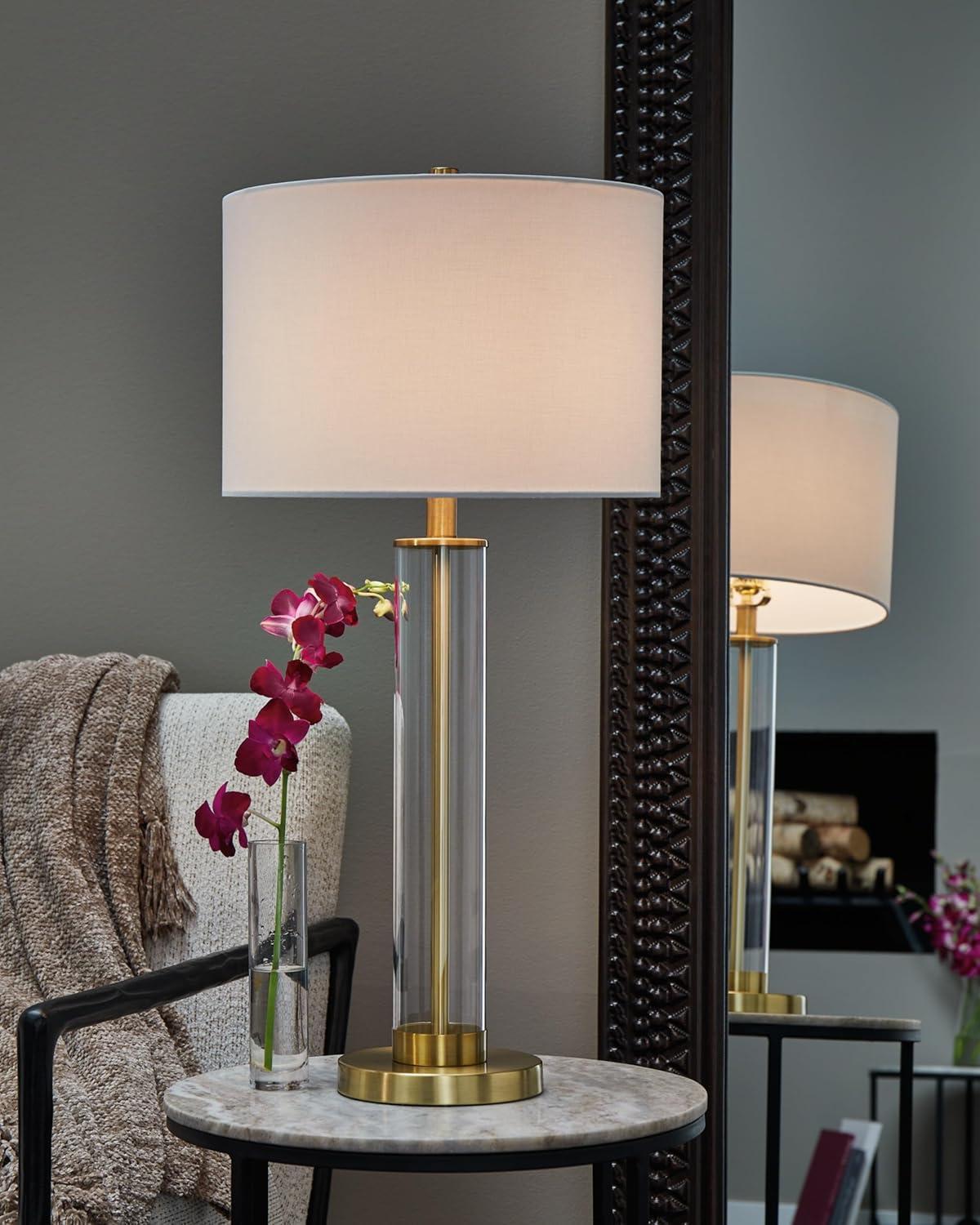 Clear Glass and Brass Table Lamp Set with Drum Shade