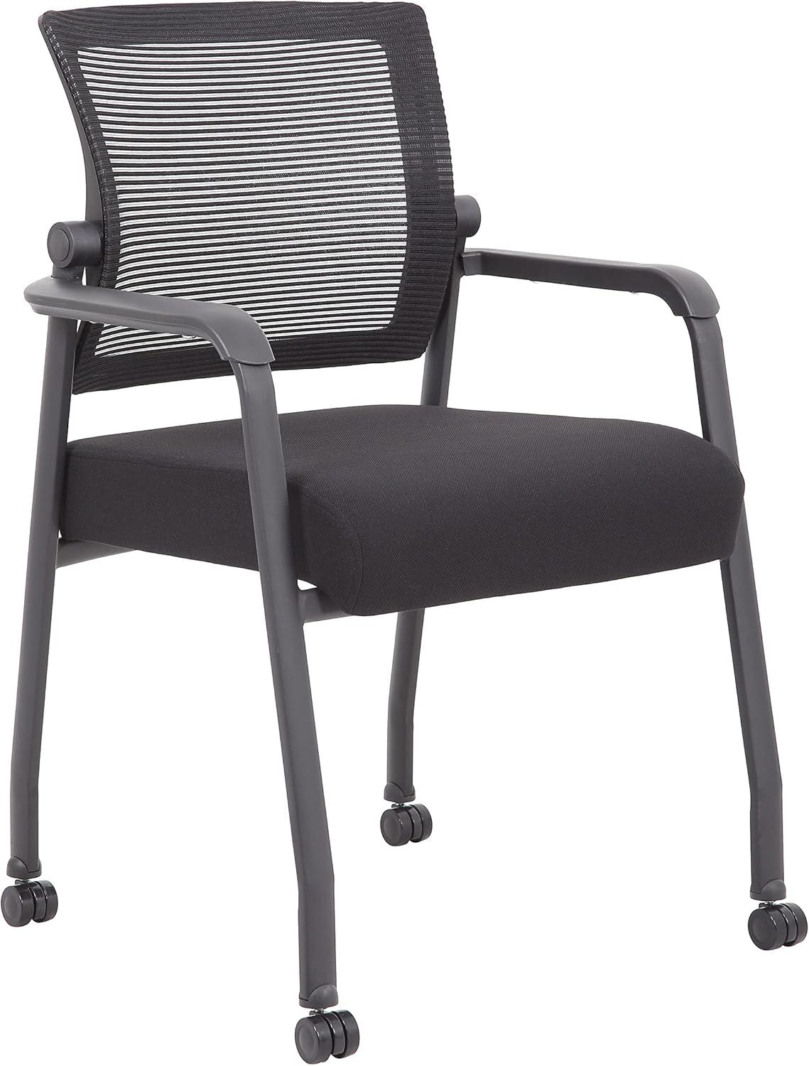 Black Mesh Guest Chair with Fixed Arms and Casters