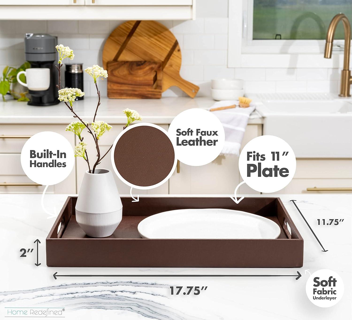 Home Redefined 18”x12” Rectangle Classic Faux Leather Decorative Serving Tray with Handles, Brown