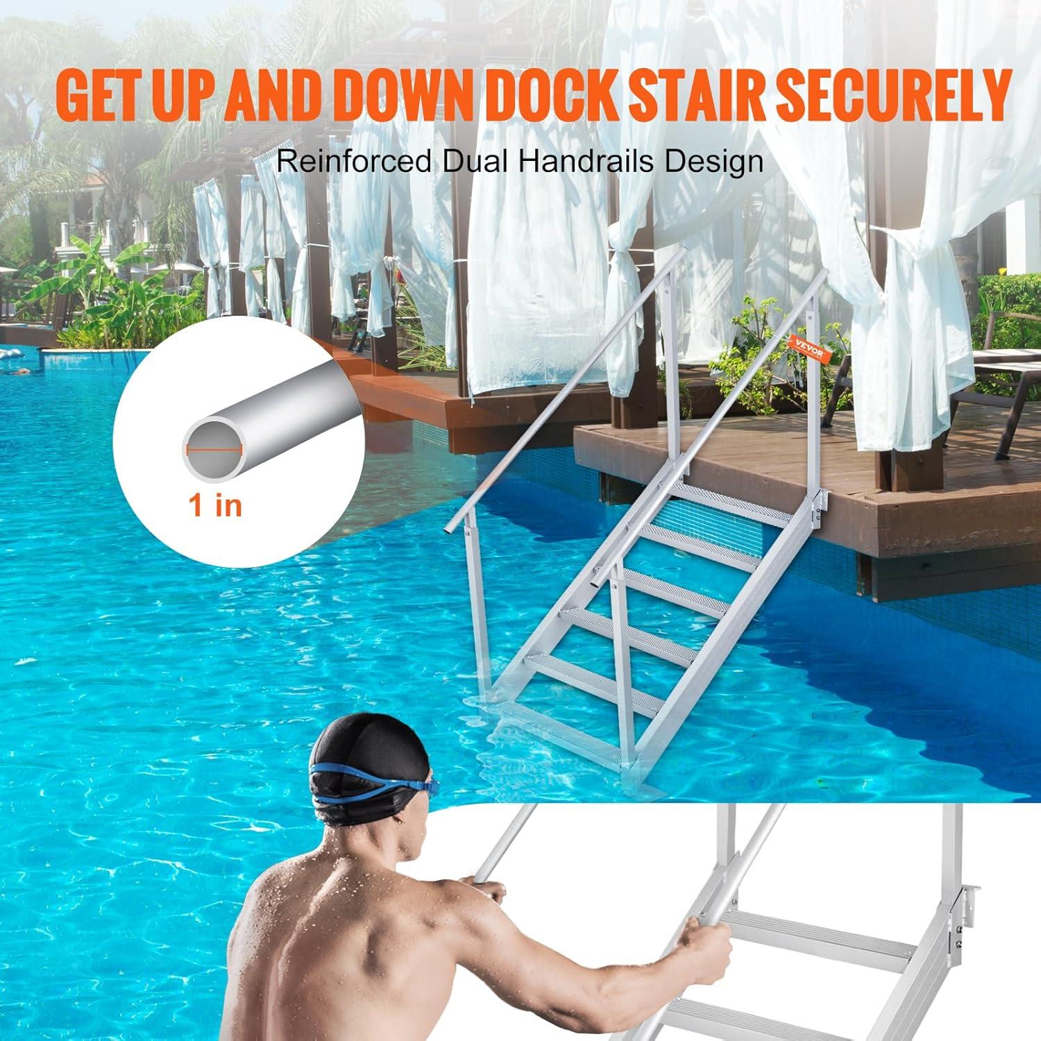 VEVOR Dock Stairs 4 Steps, 500lbs Load Pool Steps, Adjustable Height Aluminum Dock Ladders, Pontoon Boat Ladder with Handrails & Widen Nonslip Pedals for Lake/Pool/Marine Boarding/RV/House