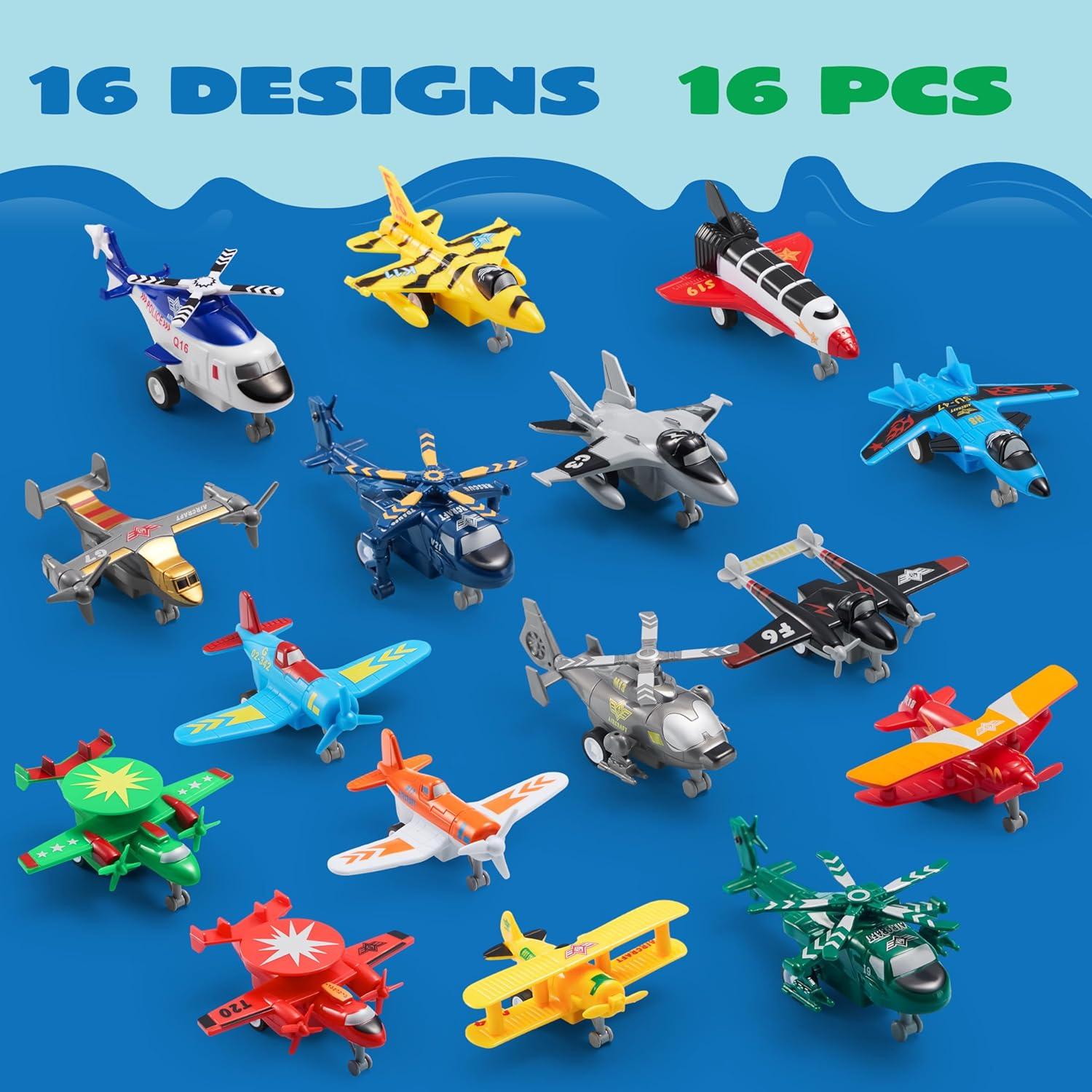 SYNCFUN 16 Pcs Pull Back Airplane Toys, Boys Plane Playset, Aircraft Incl Helicopter Toys, Fighter Jet Toys, Bomber Biplane Toy, Gifts for Toddler s