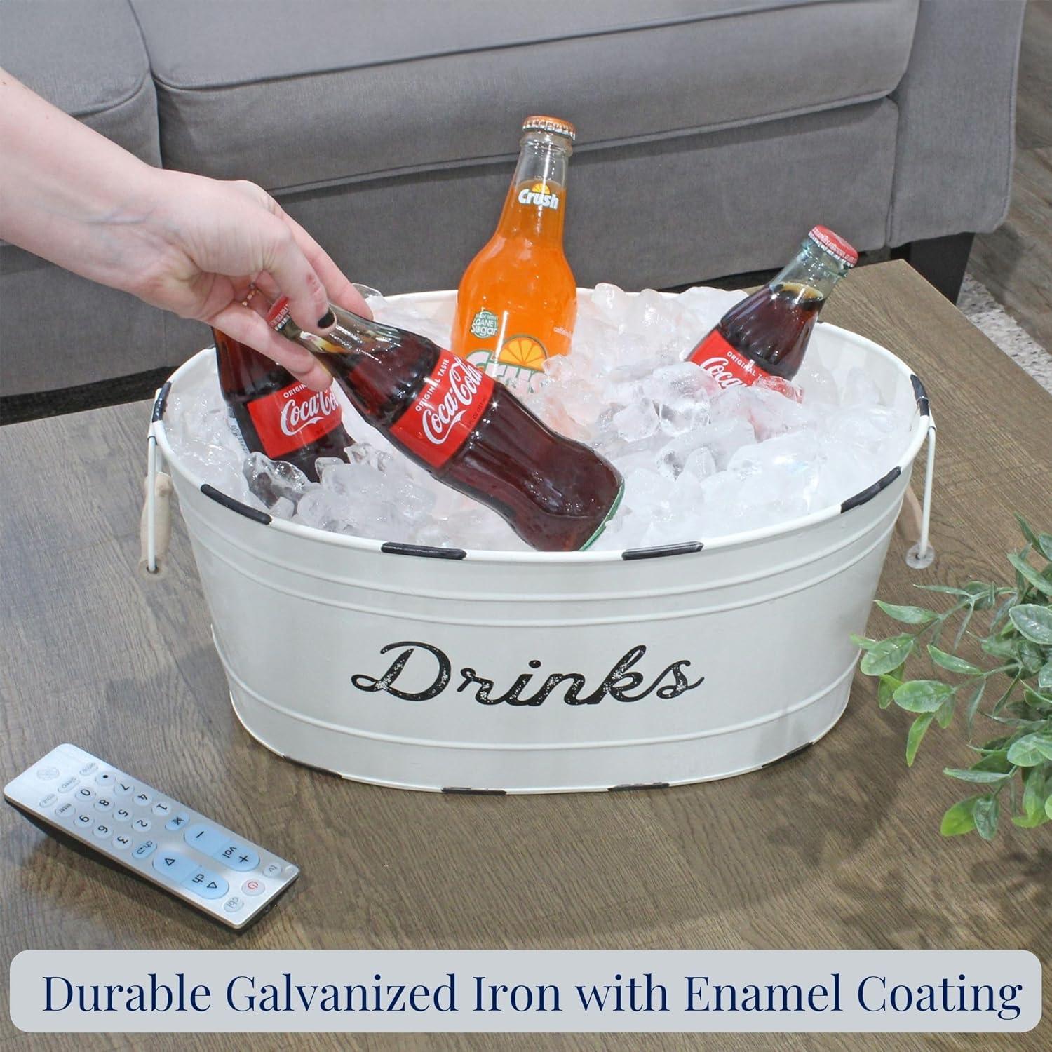 AuldHome Design White Farmhouse Enamelware Drinks Tub; Farmhouse Metal Beverage Serving Container